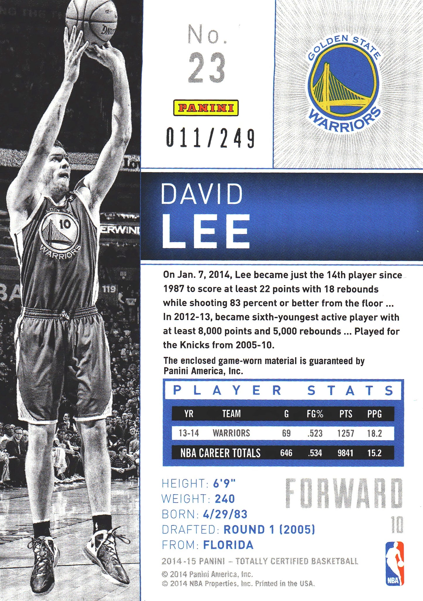 2014 Panini Totally Certified Patch Red /249 David Lee #23 Golden State Warriors