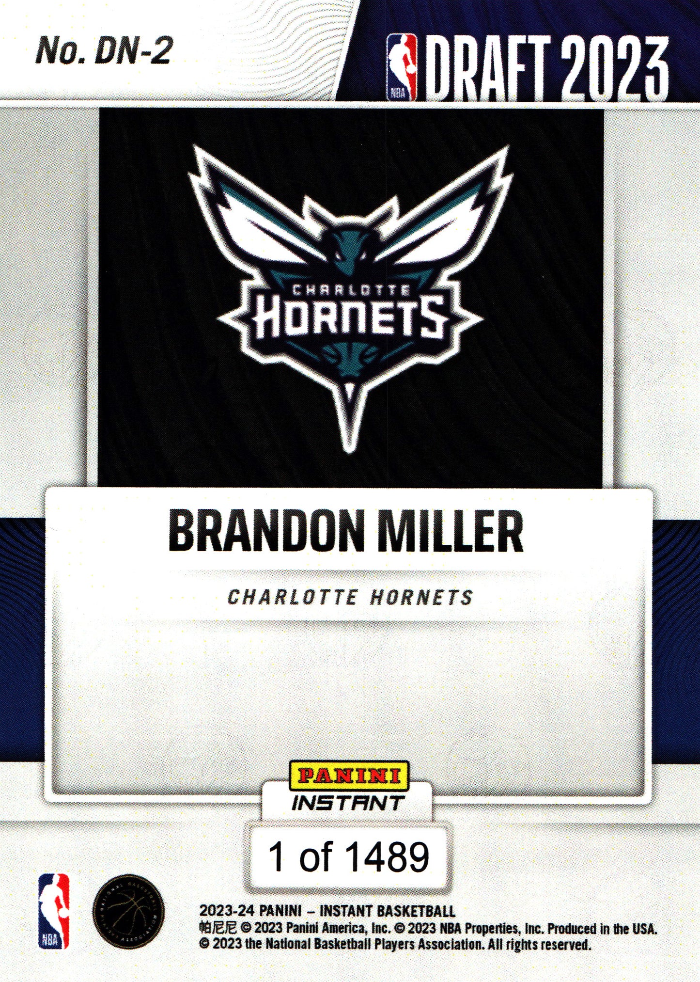 2023 Panini Instant Brandon Miller RC PR 1489 #DN-2 Charlotte Hornets