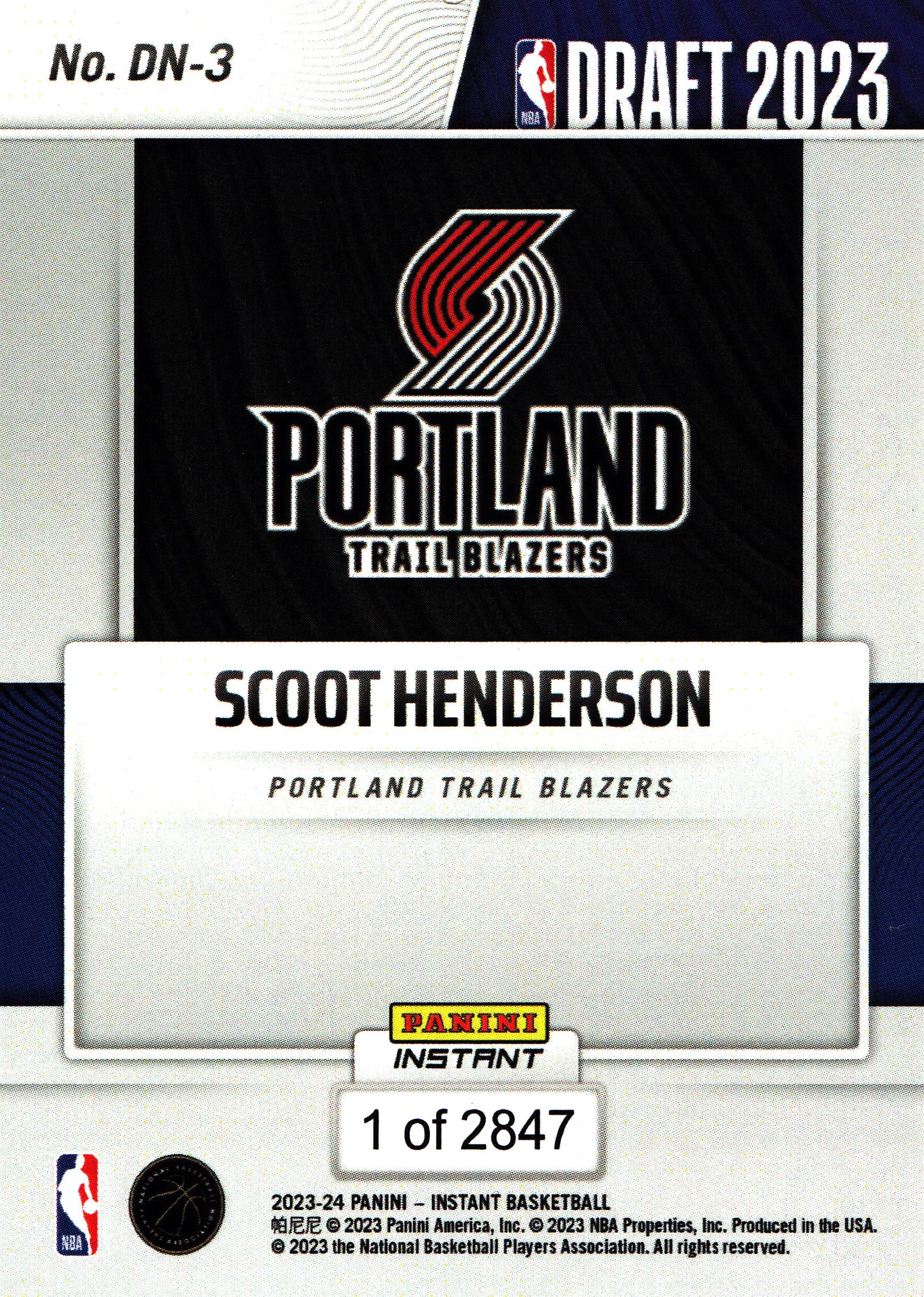 2023 Panini Instant Scoot Henderson RC PR 2847 #DN-3 Portland Trail Blazers