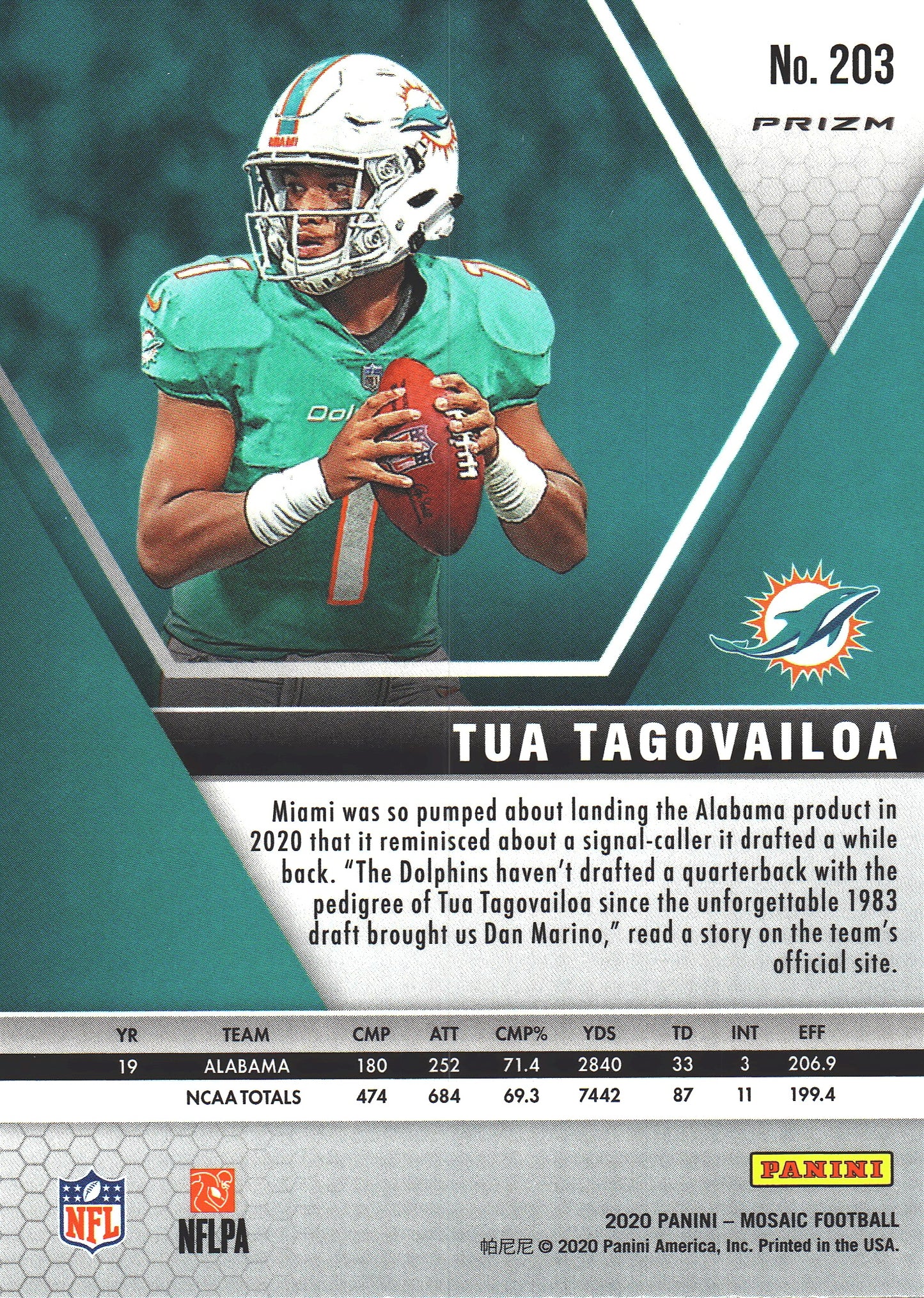 2020 Panini Mosaic Pink RC Tua Tagovailoa #203 Miami Dolphins