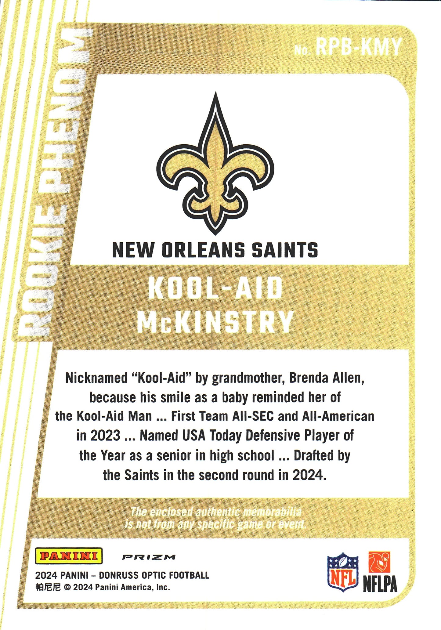 2024 Panini Donruss Optic Rookie Phenom Patch Blue Prizm Kool-Aid McKinstry RC #RPB-KMY New Orleans Saints