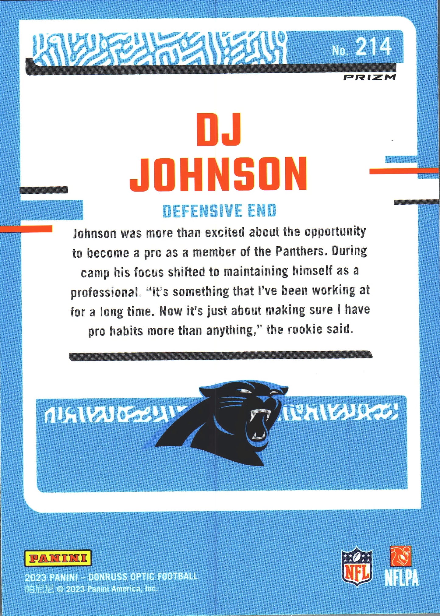 2023 Panini Donruss Optic Rated Rookie Purple Shock DJ Johnson RC #214 Carolina Panthers