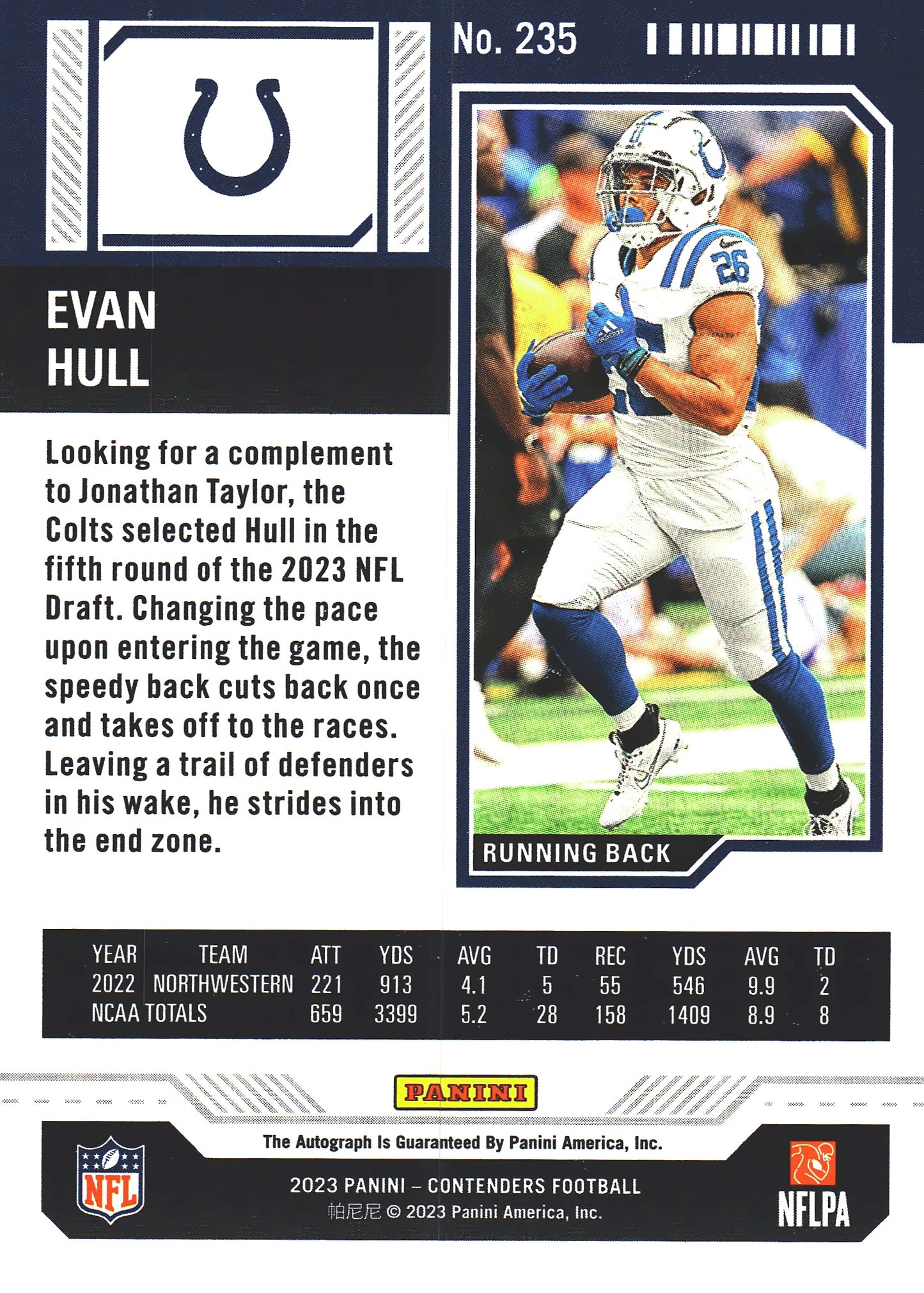 2023 Panini Contenders Autograph Evan Hull RC /149 #235 Indianapolis Colts
