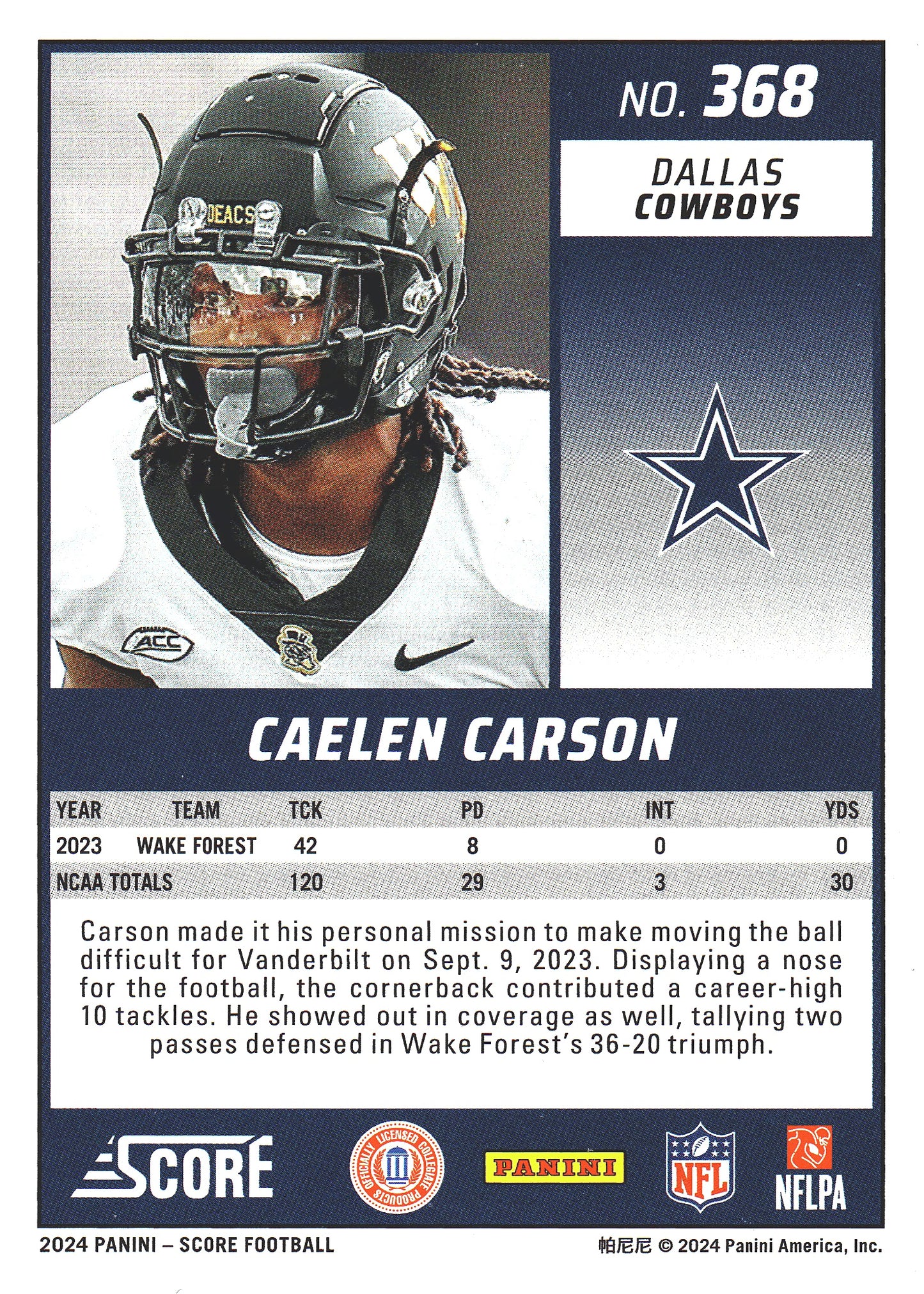 2024 Panini Score Dots Red /10 Caelen Carson RC #368 Dallas Cowboys