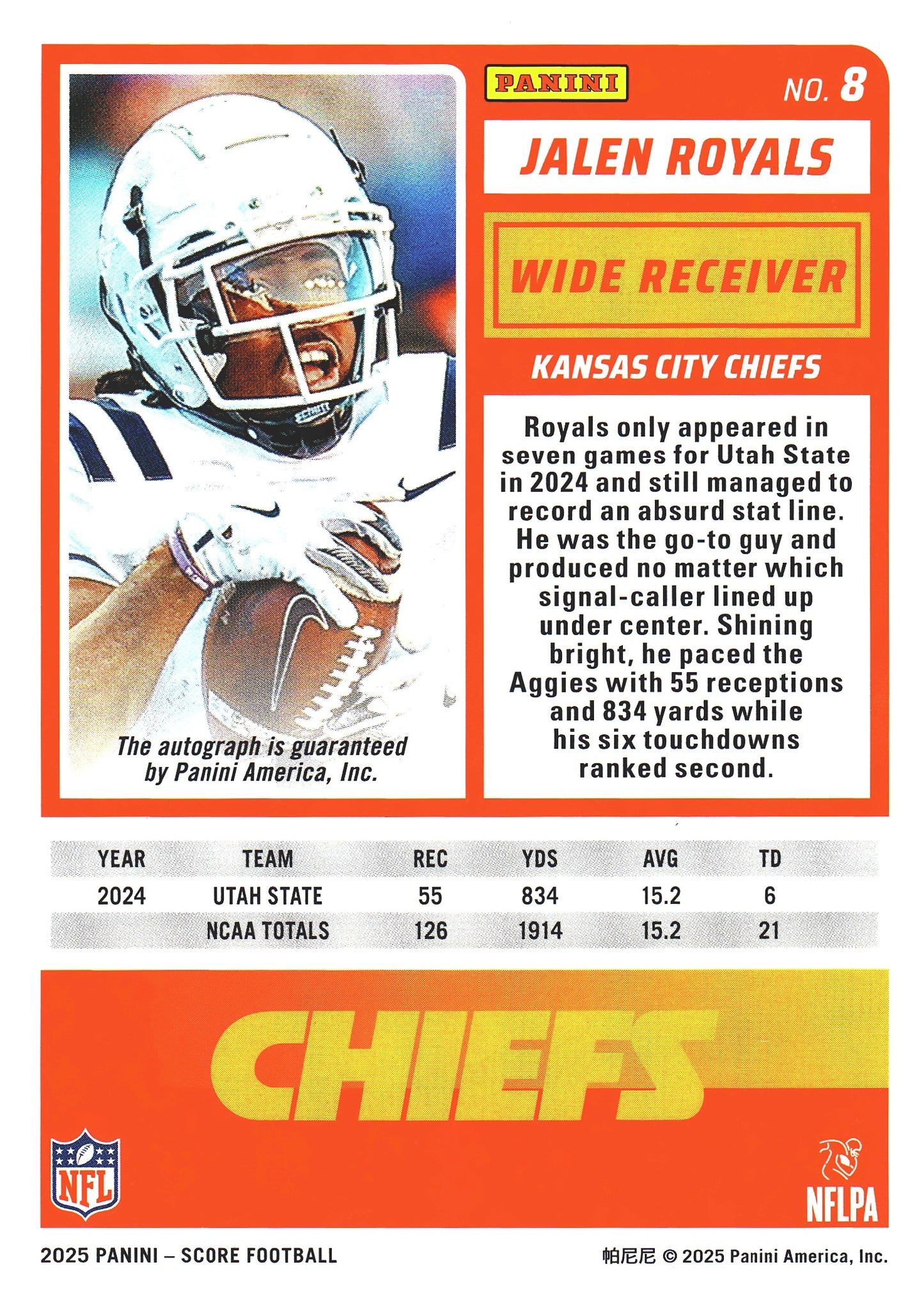 2025 Panini Score Autograph Jalen Royals RC #8 Kansas City Chiefs