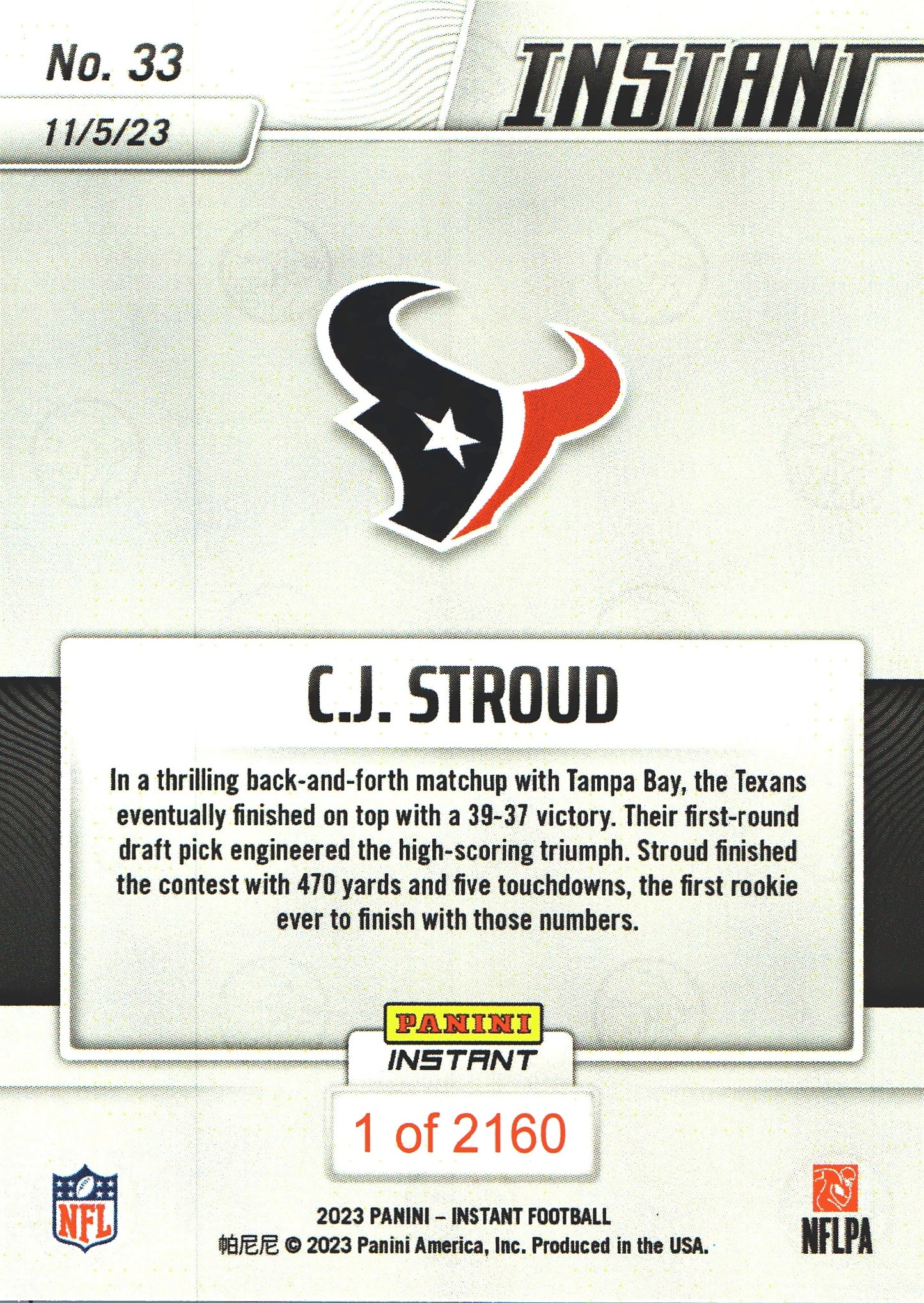 2023 Panini Instant CJ Stroud RC PR 2160 #33 Houston Texans