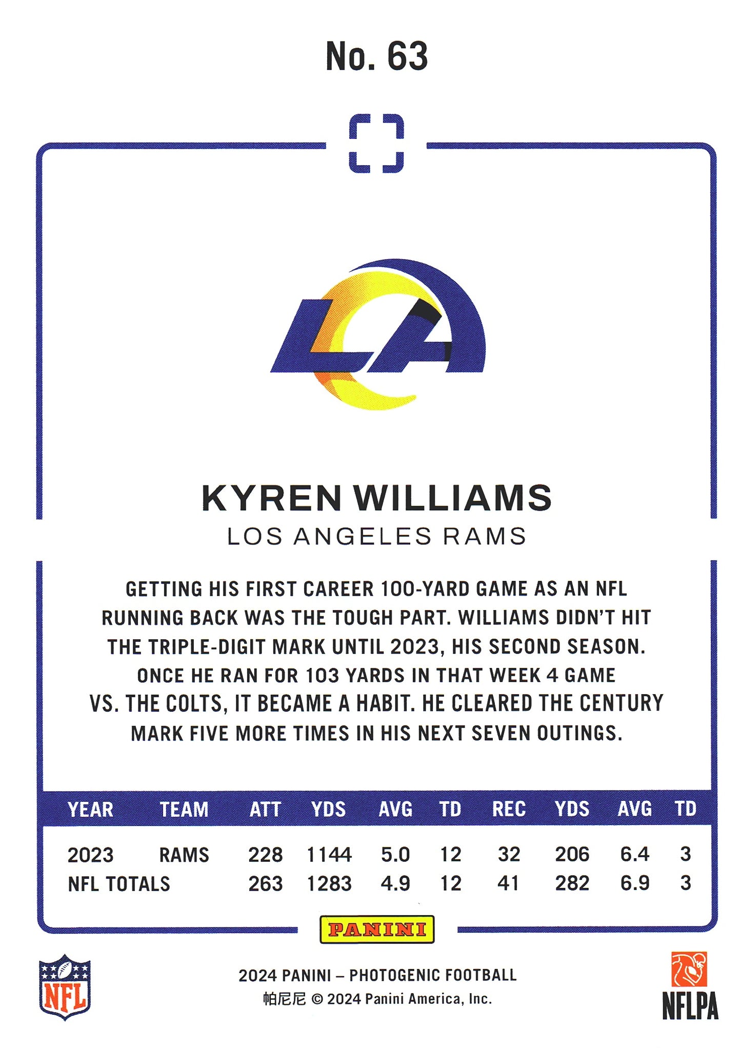 2024 Panini Photogenic Purple /75 Kyren Williams #63 Los Angeles Rams