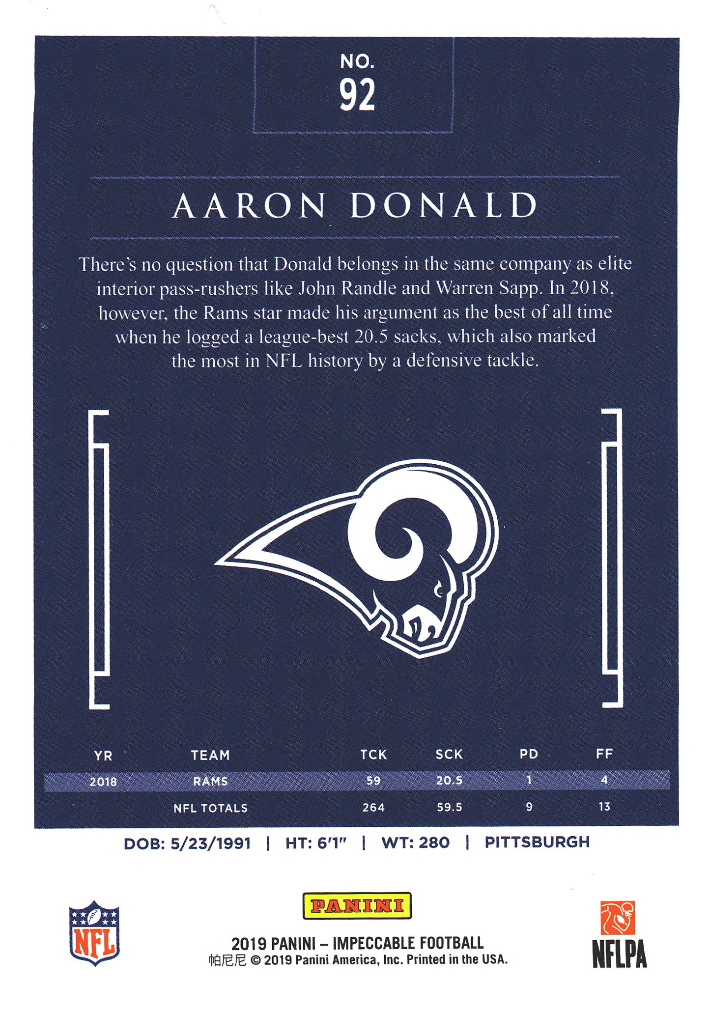 2019 Panini Impeccable Aaron Donald /75 #92 Los Angeles Rams