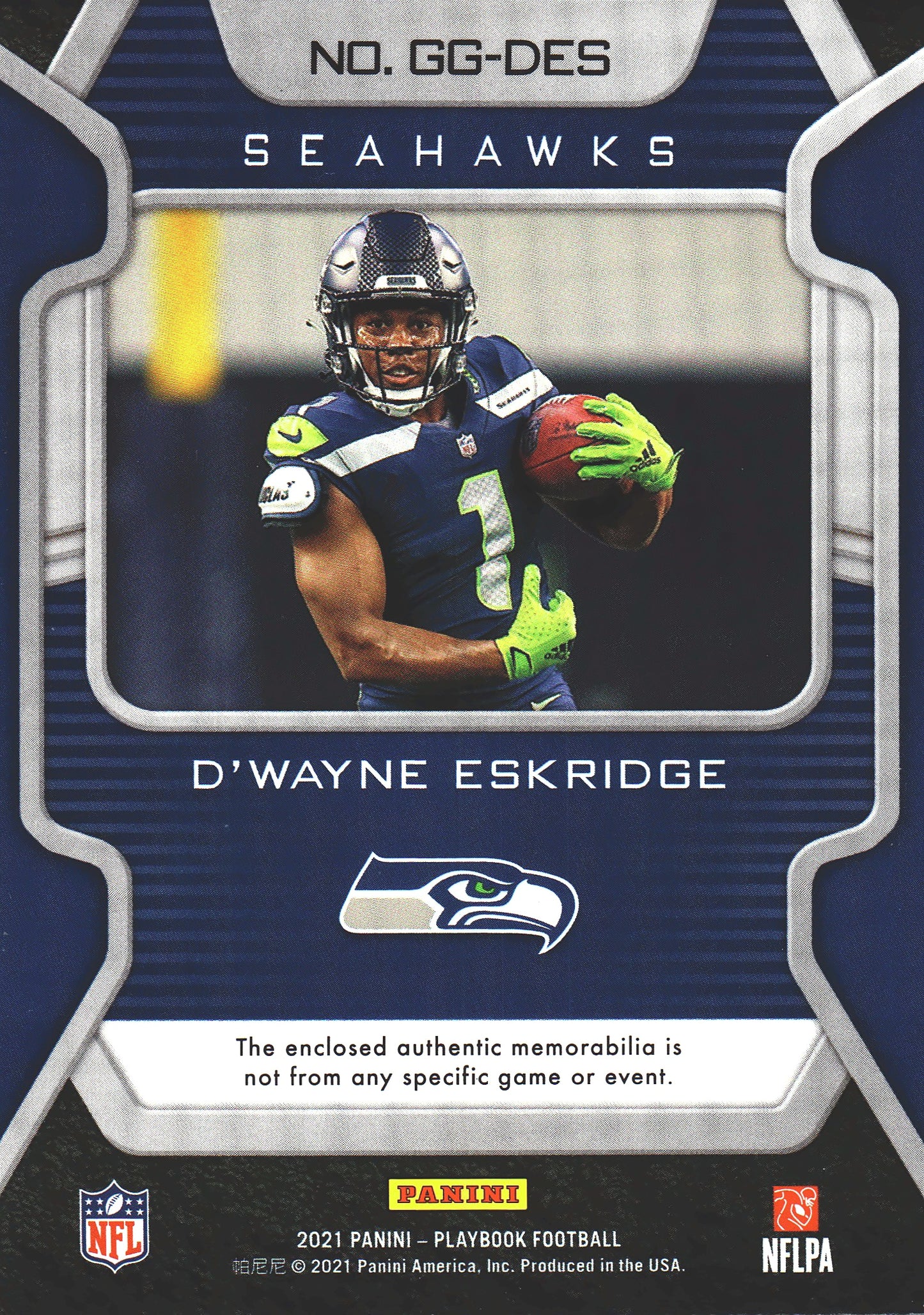 2021 Panini Playbook Gridiron Gear Patch D'Wayne Eskridge #GG-DES Seattle Seahawks
