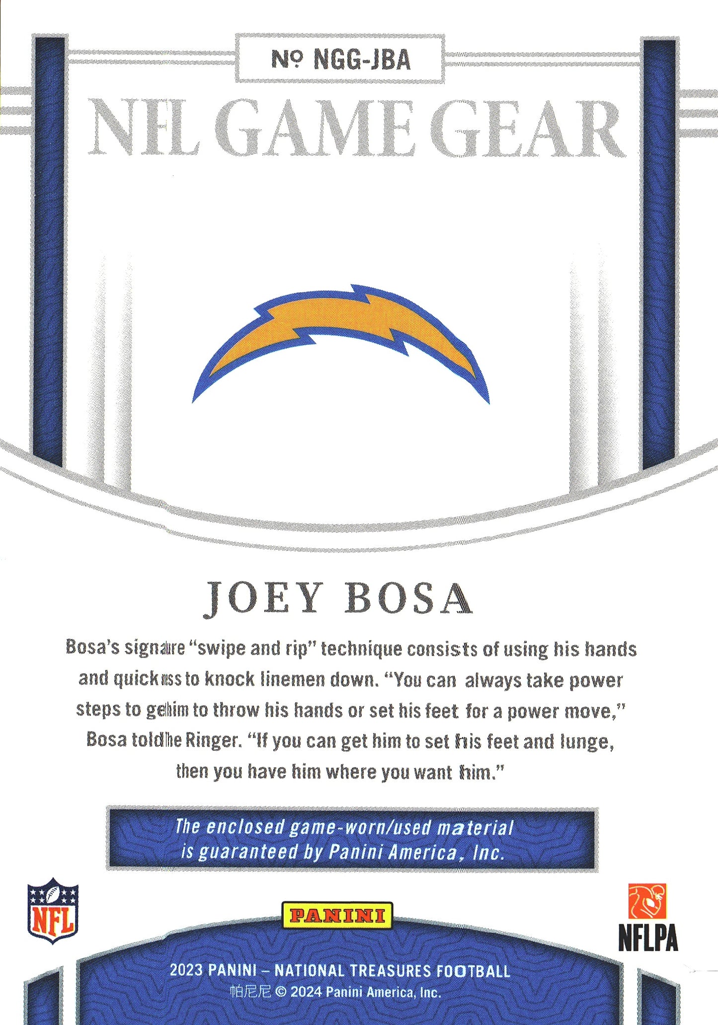 2023 Panini National Treasures Game Gear Patch /99 Joey Bosa #NGG-JBA Los Angeles Chargers