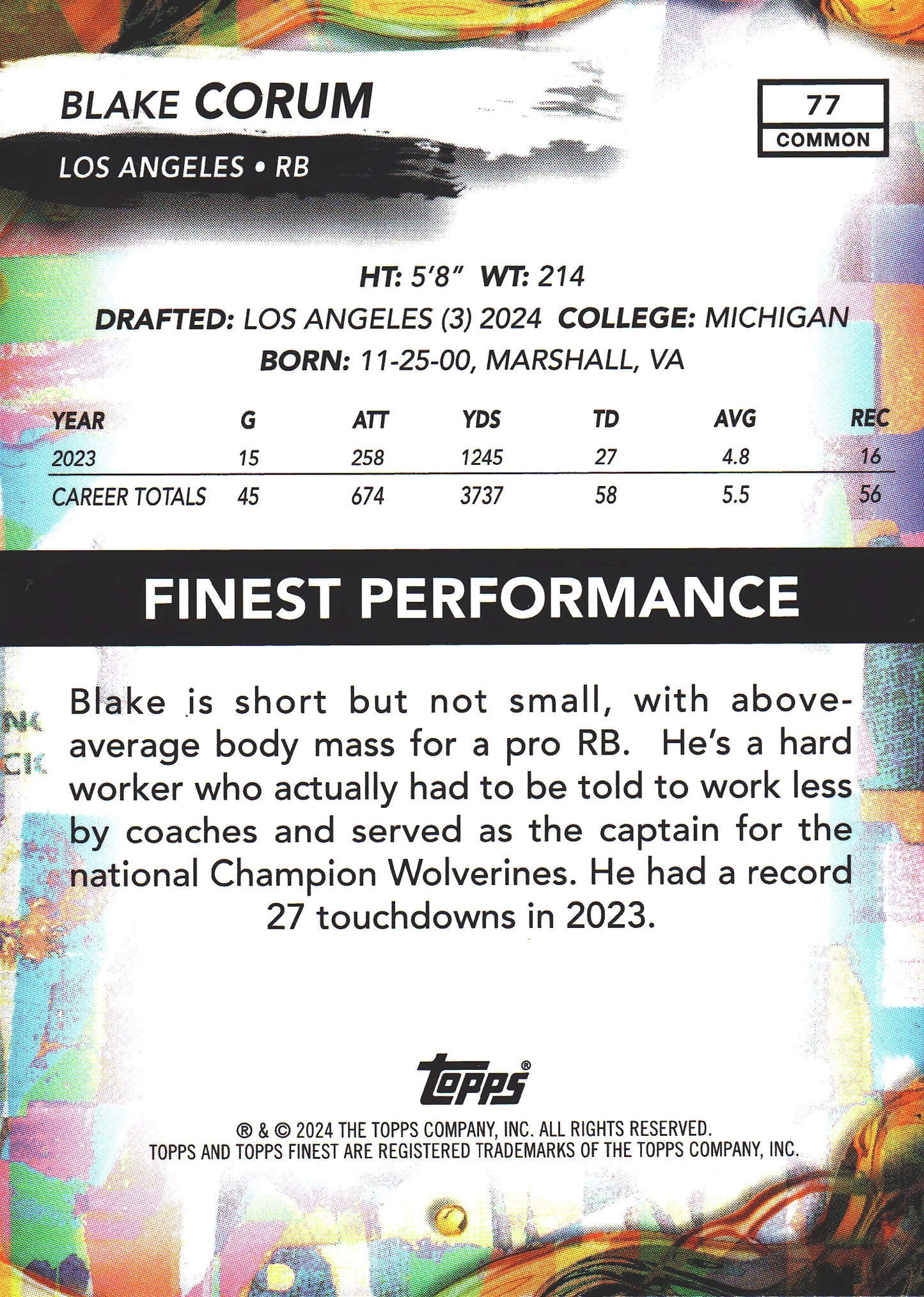 2024 Topps Finest Common Blue /200 Blake Corum RC #77 Los Angeles Rams