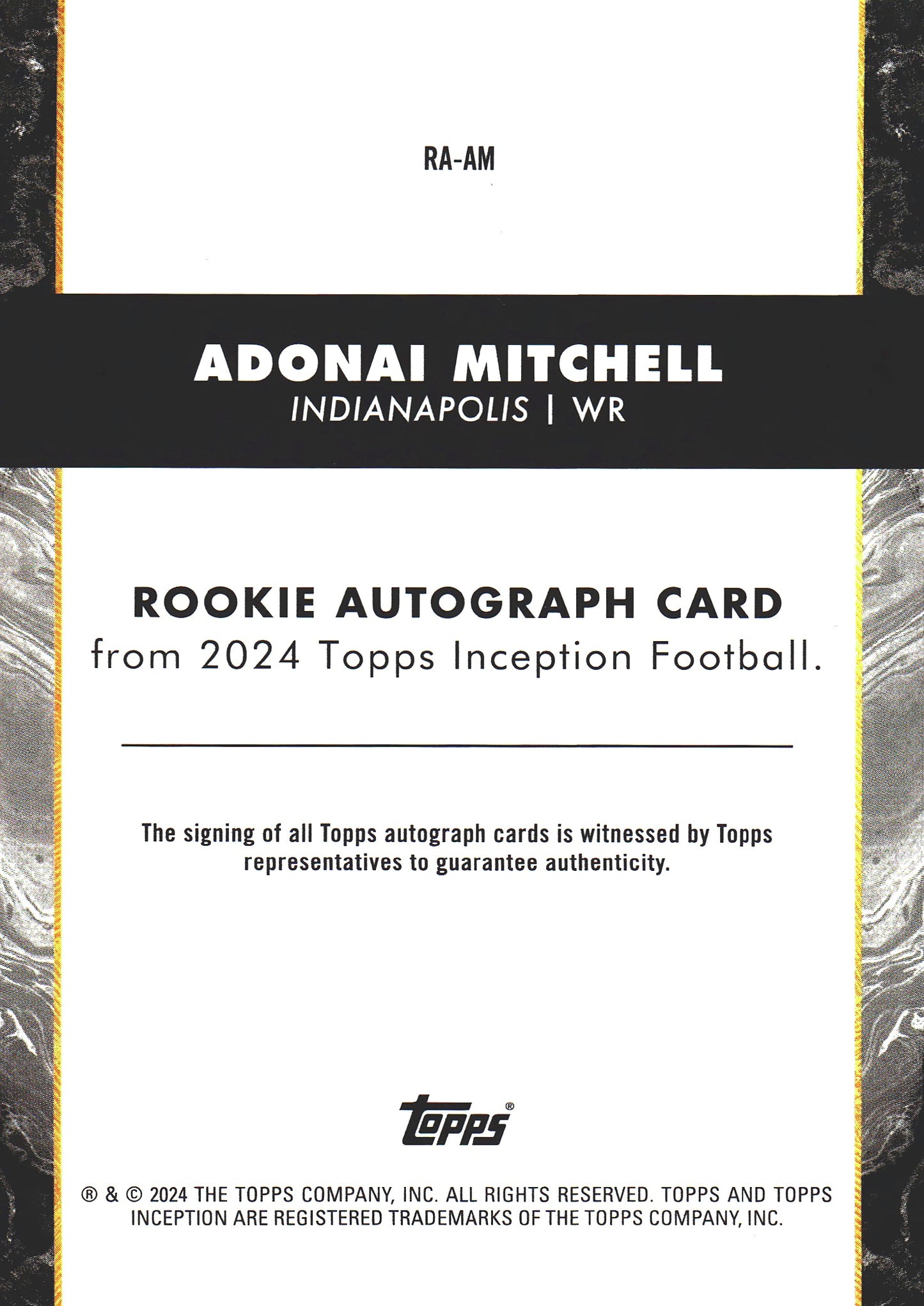 2024 Topps Inception Autograph RC /125 Adonai Mitchell #RA-AM Indianapolis Colts