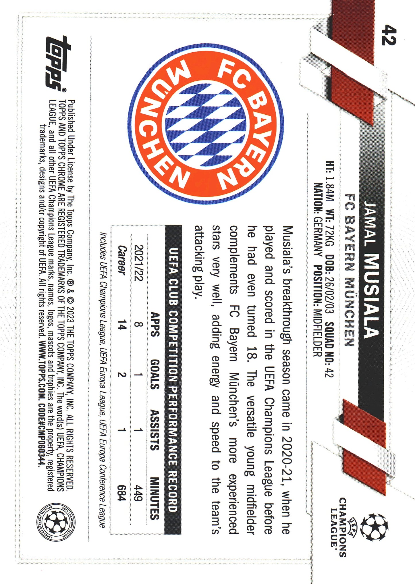 2022 Topps Chrome UCC Sapphire SP Image Variation Jamal Musiala #42 Bayern Munich