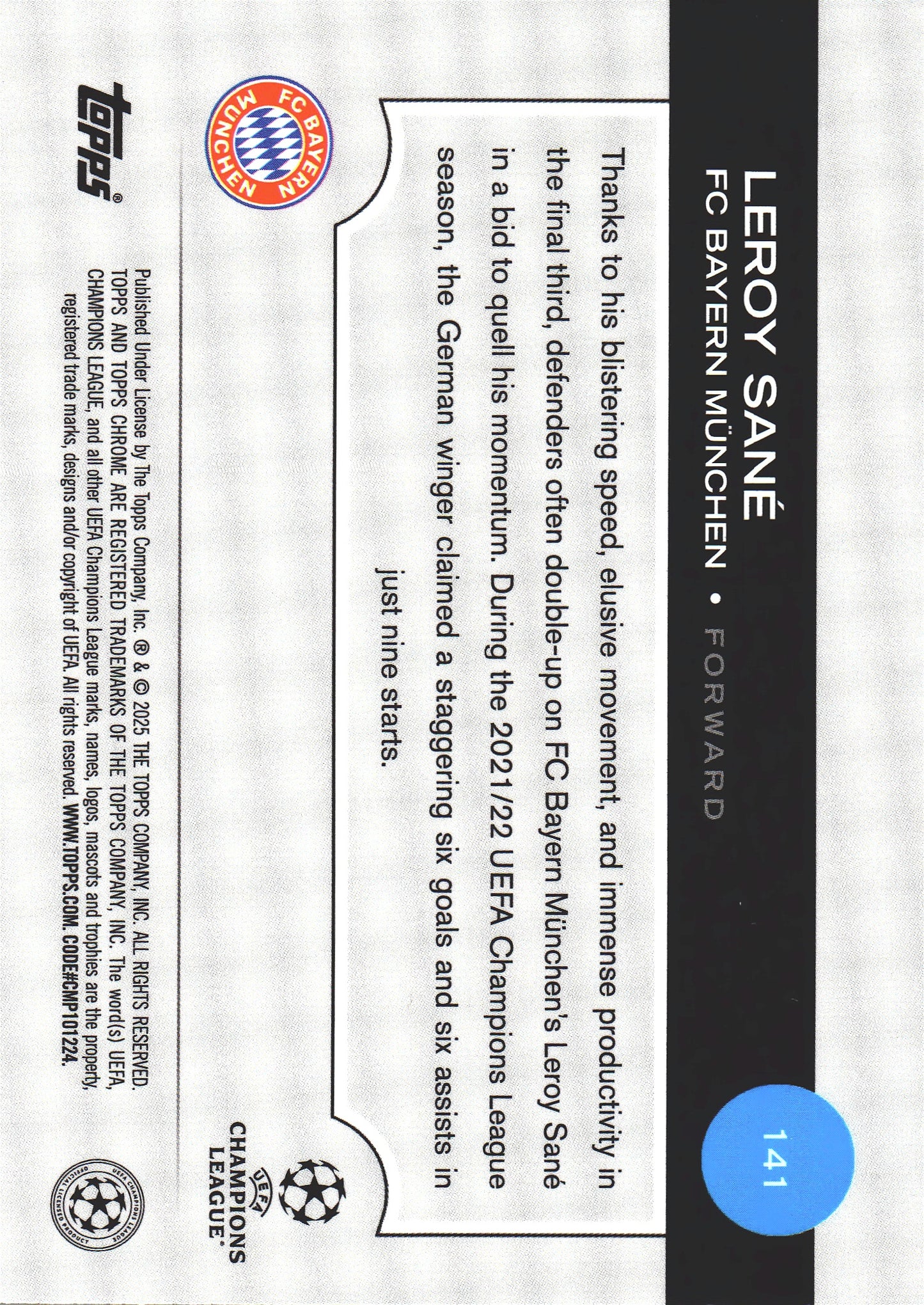 2024 Topps Chrome Violet Prism Refractor /299 Leroy Sané #141 Bayern Munich