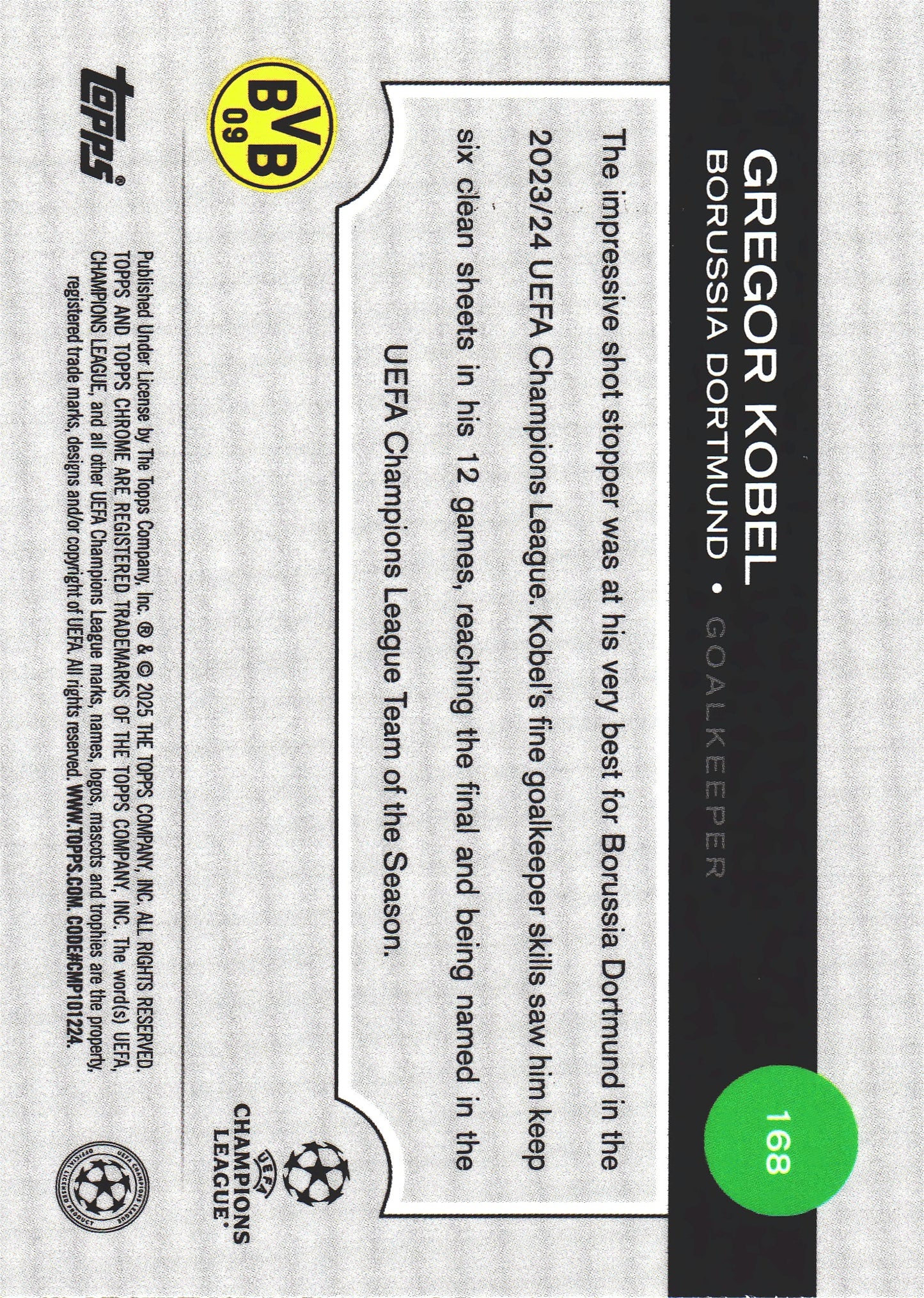 2024 Topps Chrome Aqua Lava Refractor /199 Gregor Kobel #168 Borussia Dortmund