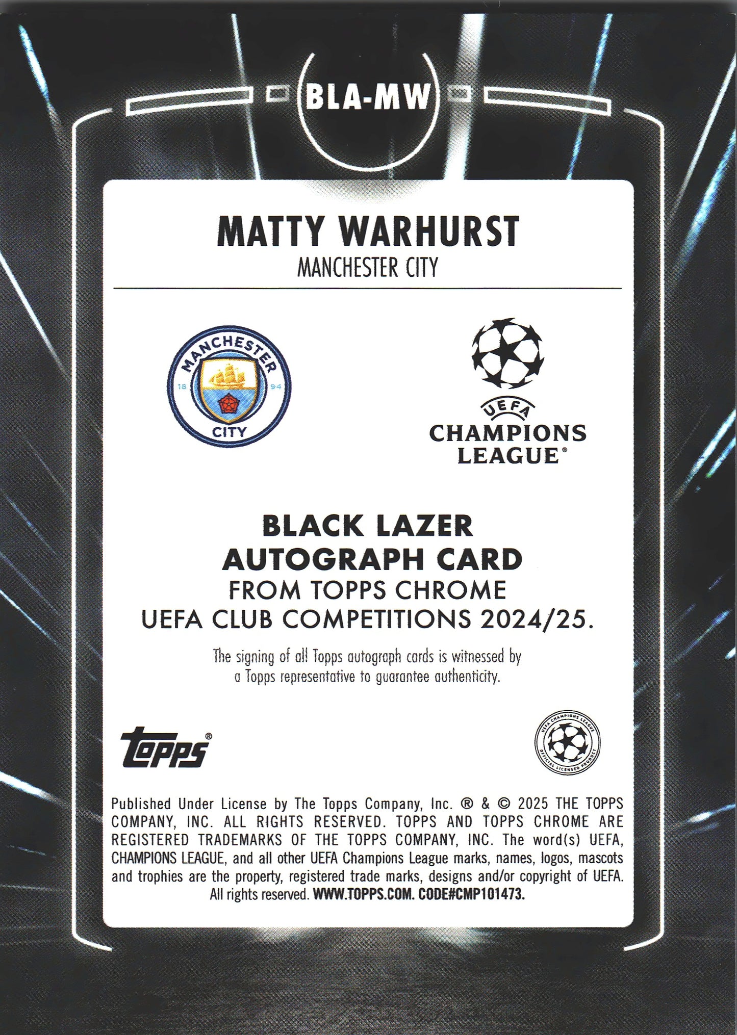 2024 Topps Chrome Autograph Black Lazer Matty Warhurst RC #BLA-MW Manchester City