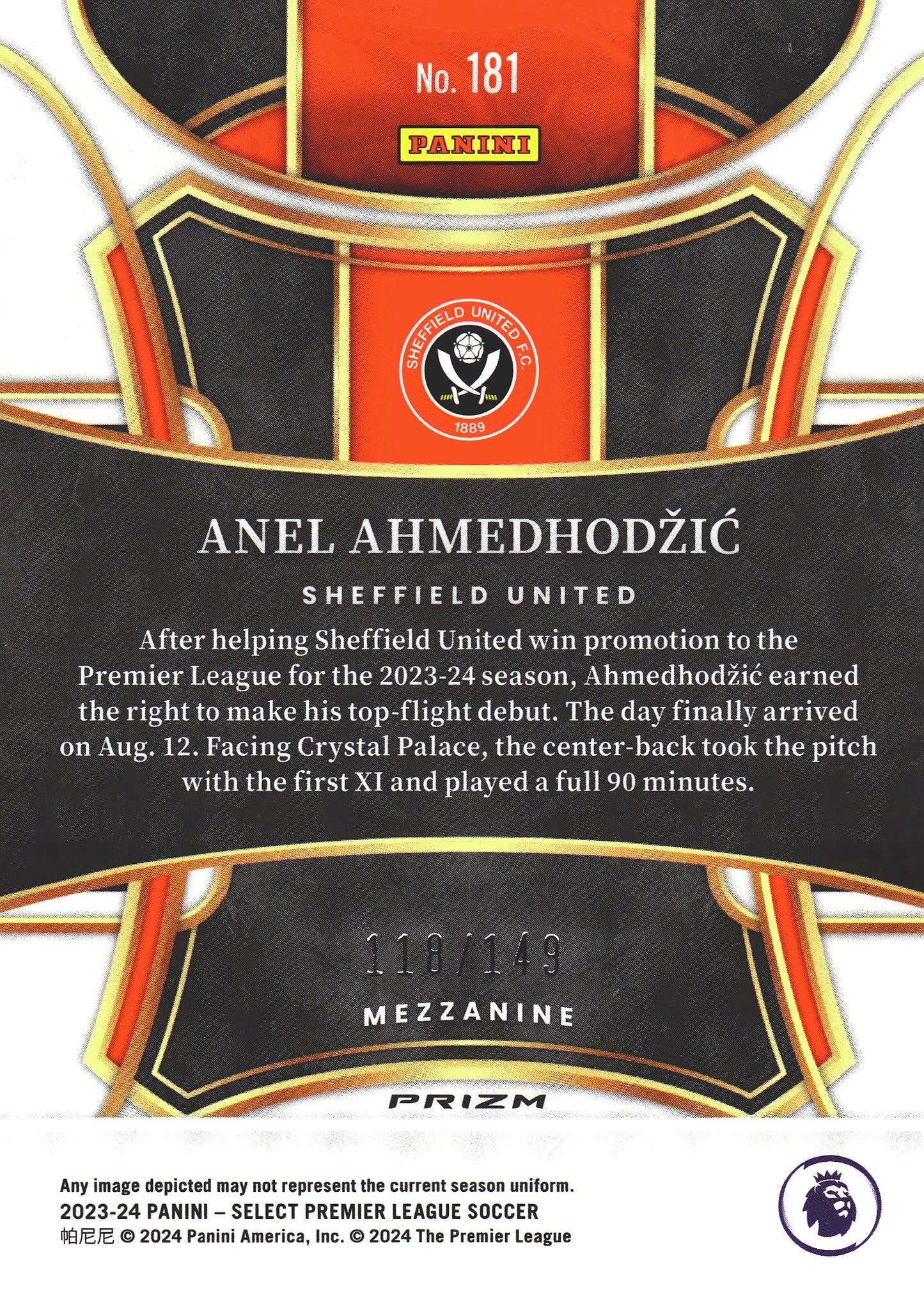 2023 Panini Select Premier League Red Wave /149 Anel Ahmedhodzic RC #181 Sheffield United