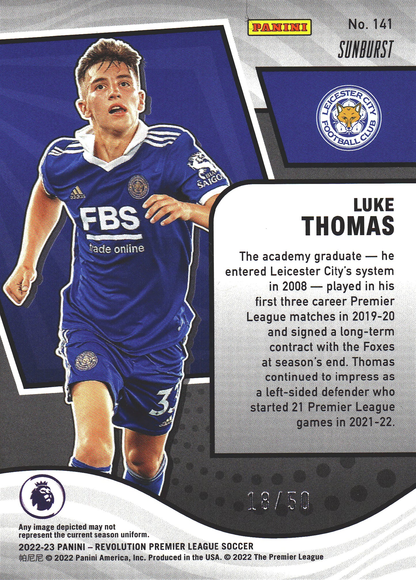 2022 Panini Revolution Premier League Sunburst /50 Luke Thomas #141 Leicester City