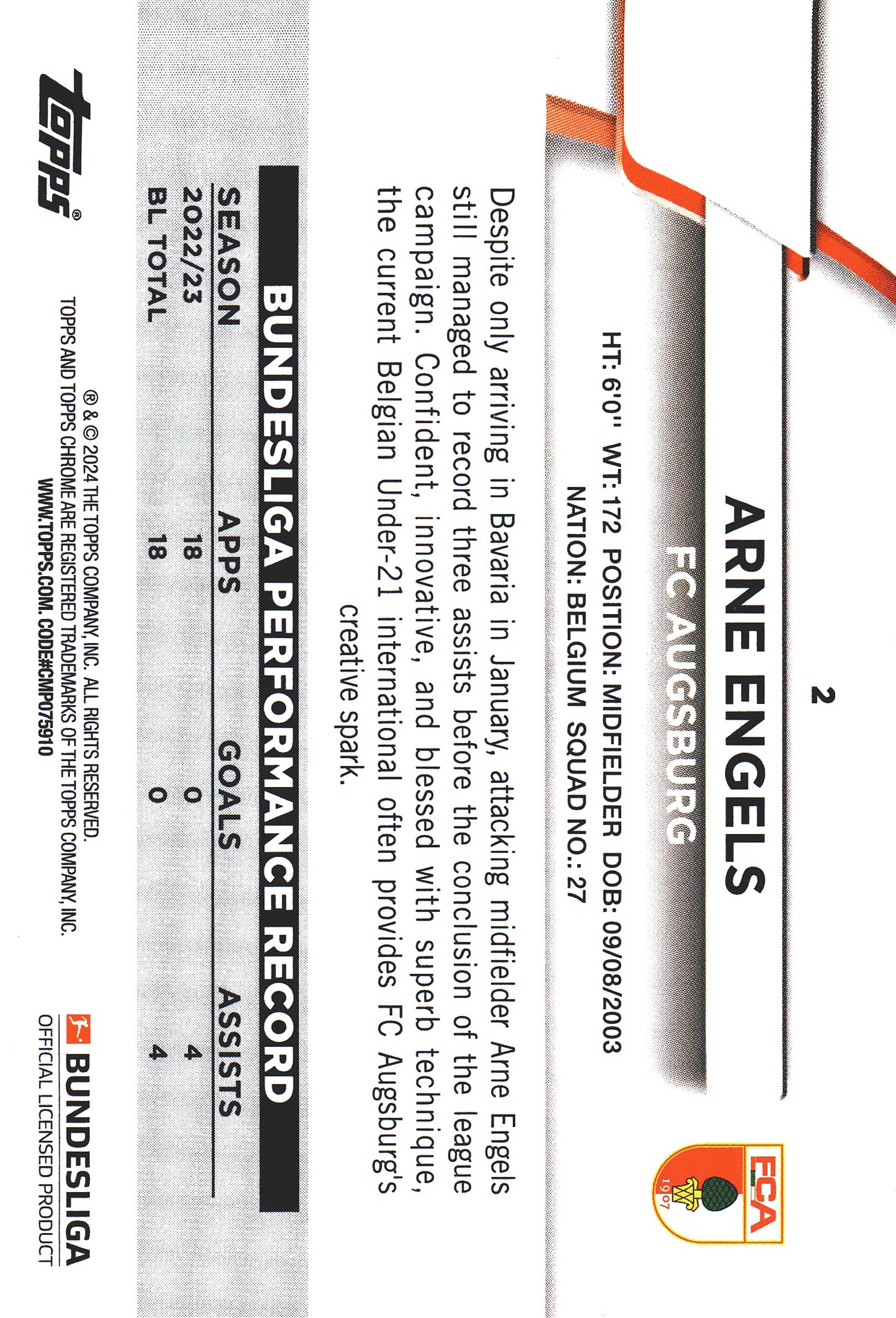 2023 Topps Bundesliga Jade Edition Arne Engels RC #2 FC Augsburg