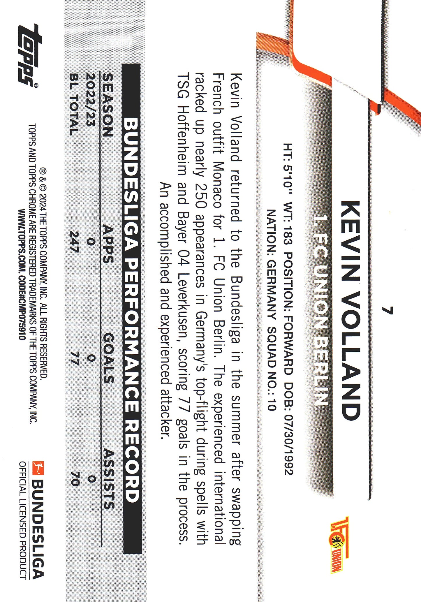 2023 Topps Bundesliga Jade Edition Kevin Volland #7 Union Berlin