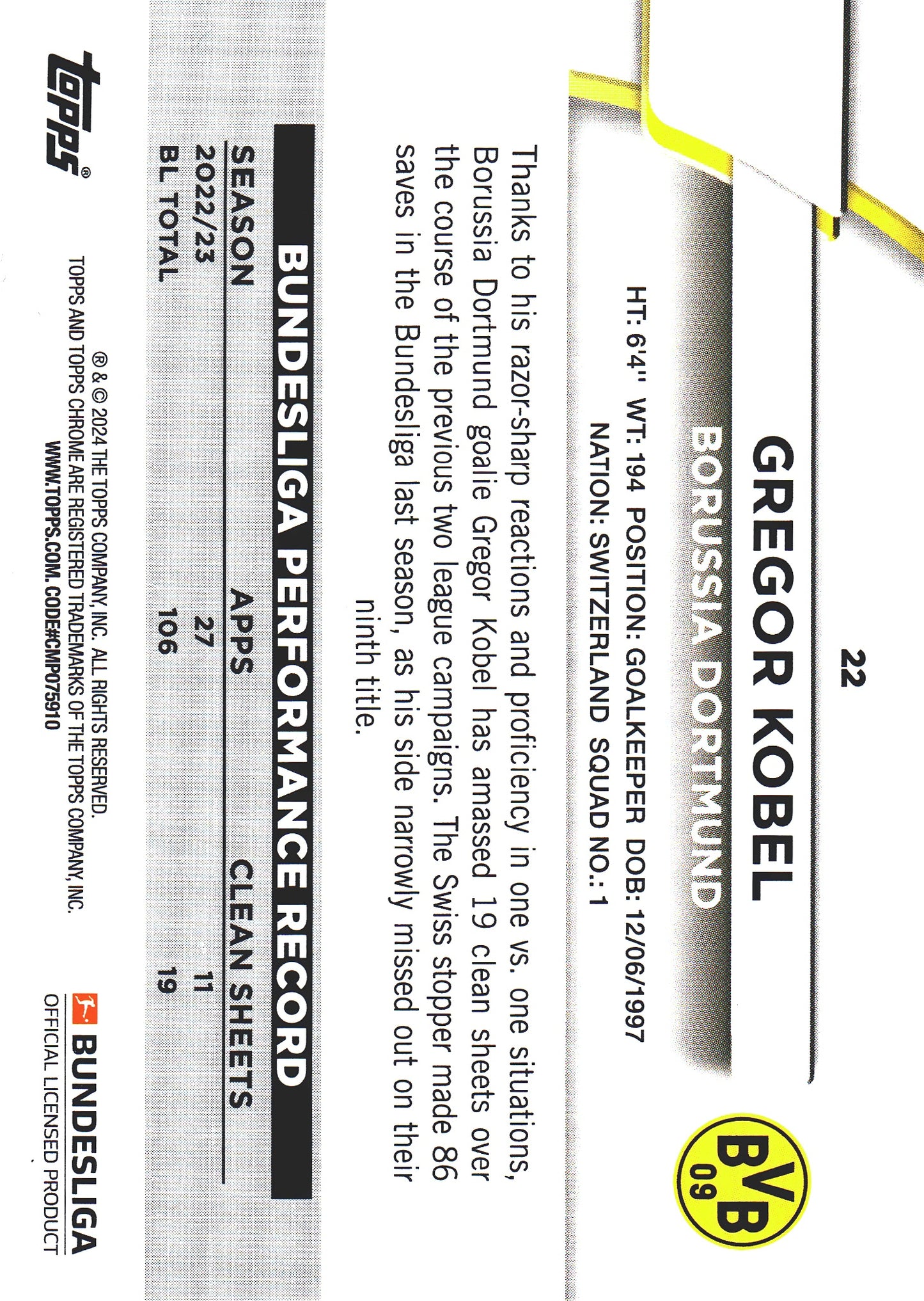 2023 Topps Bundesliga Jade Edition Gregor Kobel #22 Borussia Dortmund