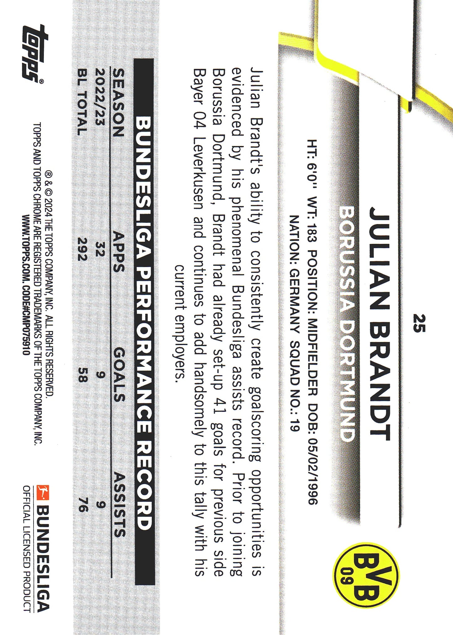 2023 Topps Bundesliga Jade Edition Julian Brandt #25 Borussia Dortmund