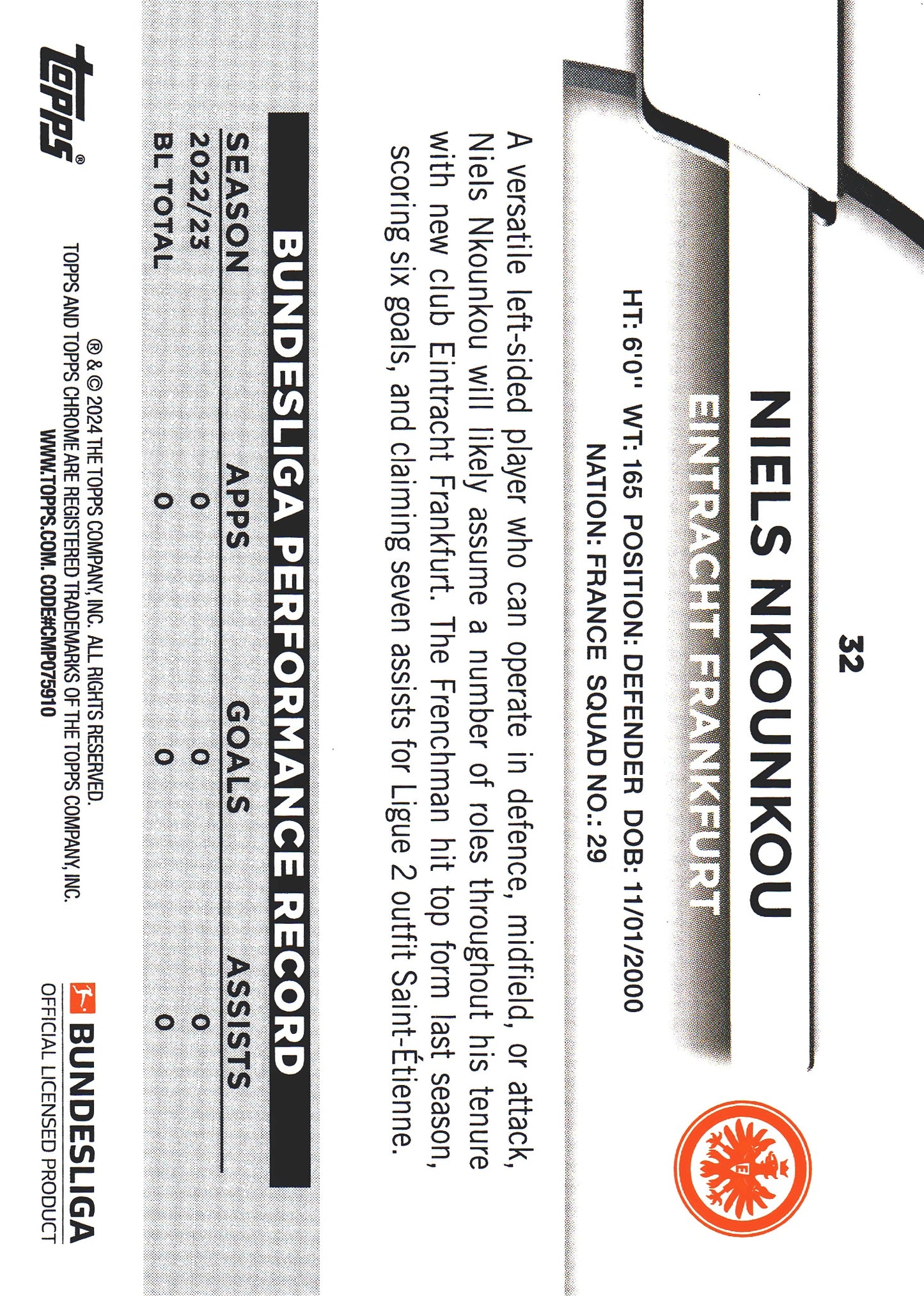 2023 Topps Bundesliga Jade Edition Niels Nkounkou RC #32 Eintracht Frankfurt