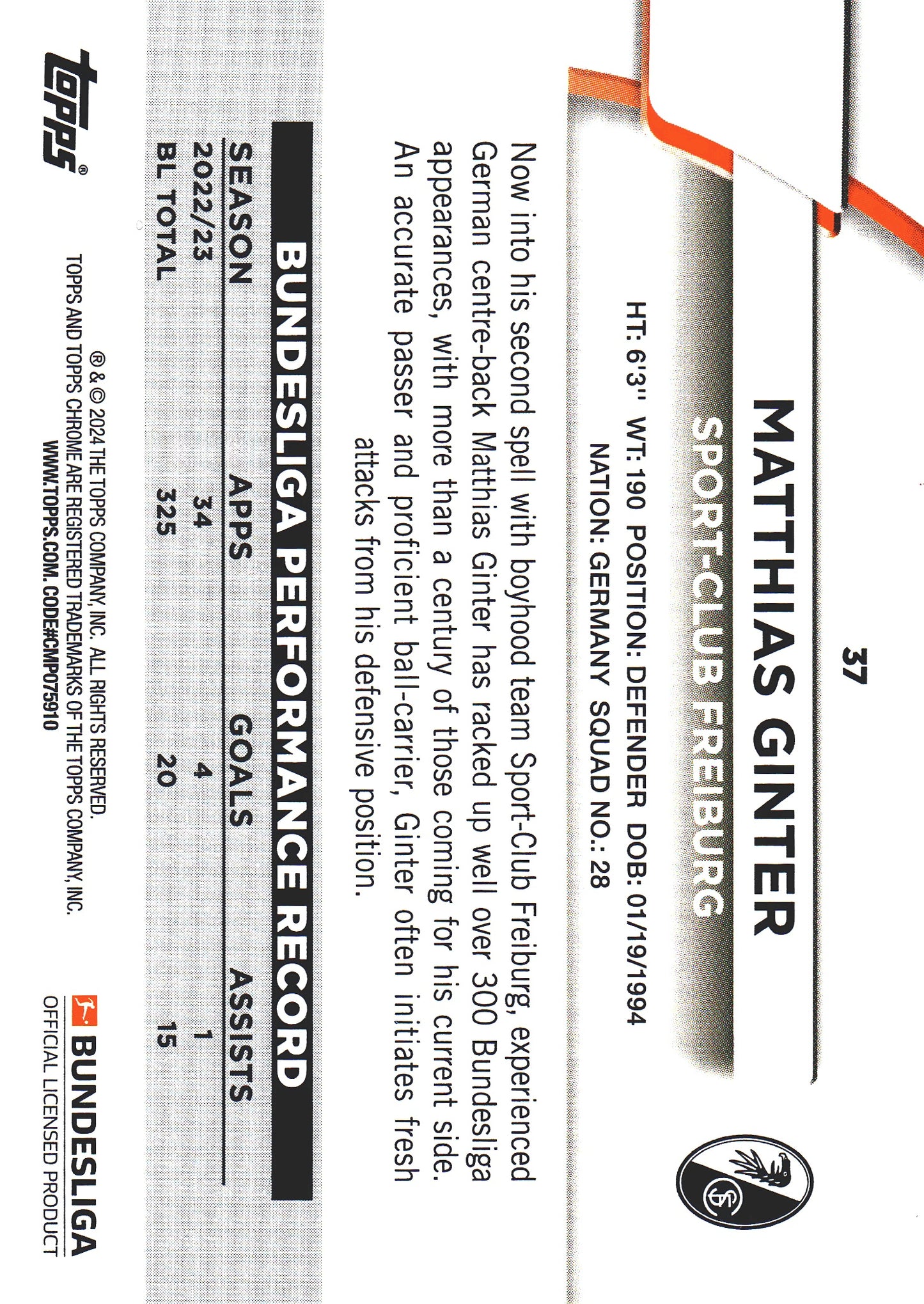 2023 Topps Bundesliga Jade Edition Matthias Ginter #37 SC Freiburg