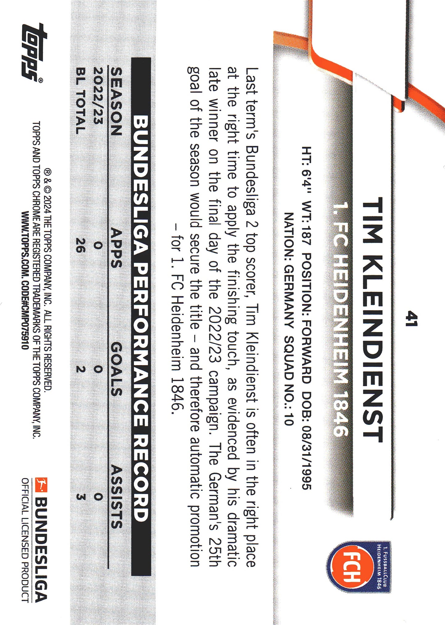 2023 Topps Bundesliga Jade Edition Tim Kleindienst #41 Heidenheim