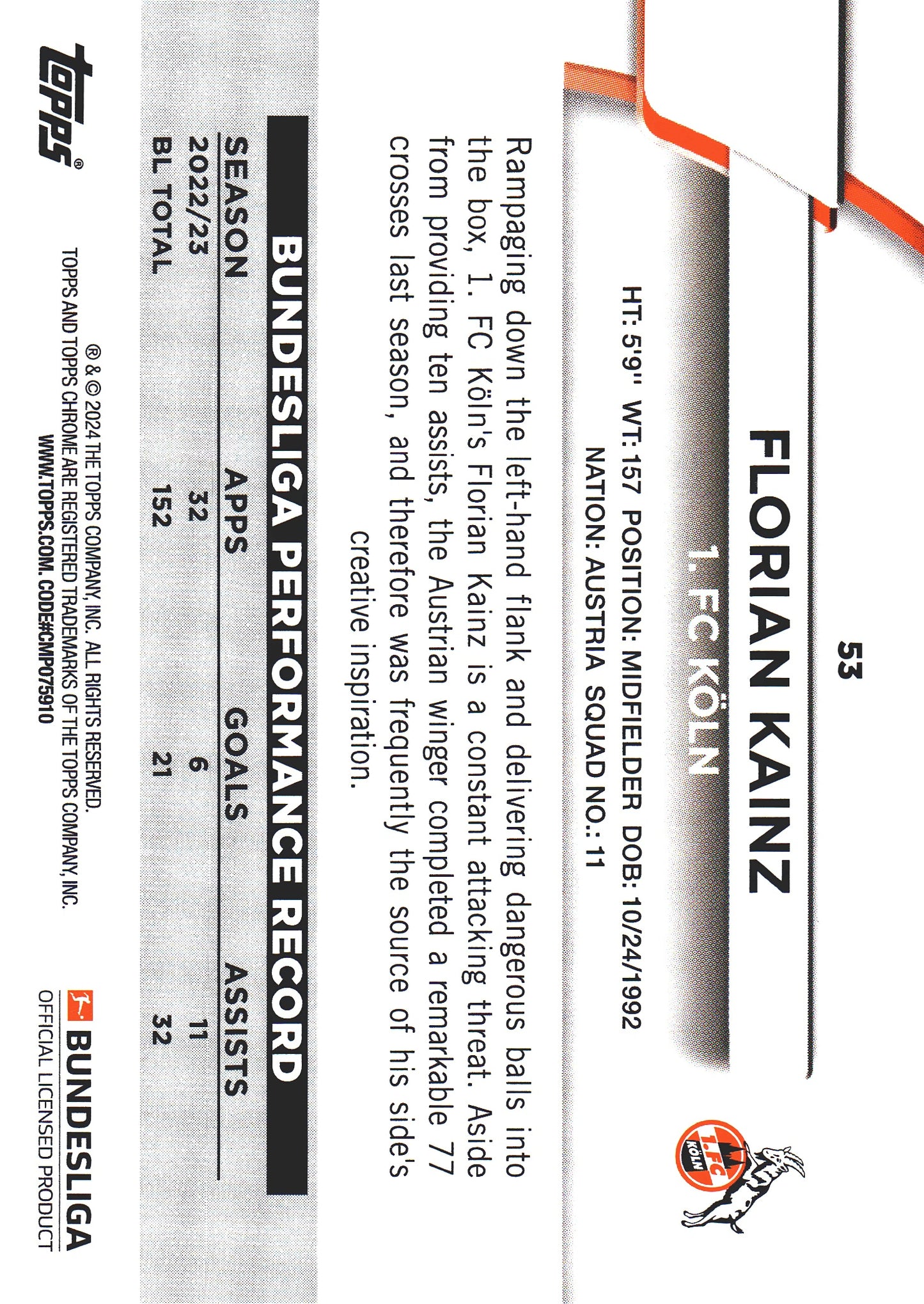 2023 Topps Bundesliga Jade Edition Florian Kainz #53 FC Koln