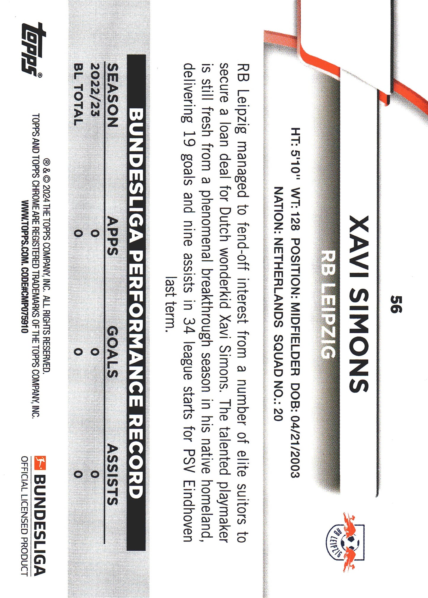 2023 Topps Bundesliga Jade Edition Xavi Simons #56 RB Leipzig