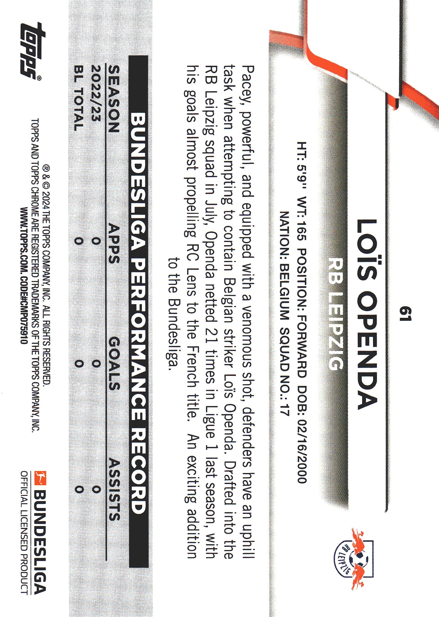 2023 Topps Bundesliga Jade Edition Lois Openda #61 RB Leipzig