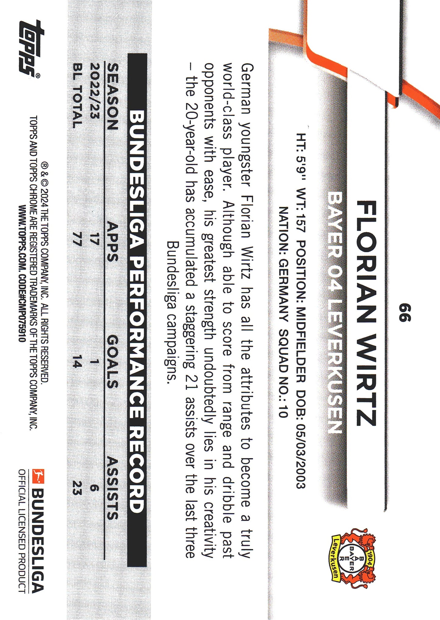 2023 Topps Bundesliga Jade Edition Florian Wirtz #66 Bayer Leverkusen