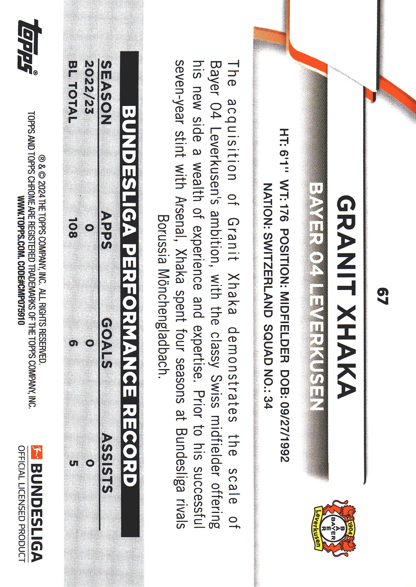 2023 Topps Bundesliga Jade Edition Granit Xhaka #67 Bayer Leverkusen