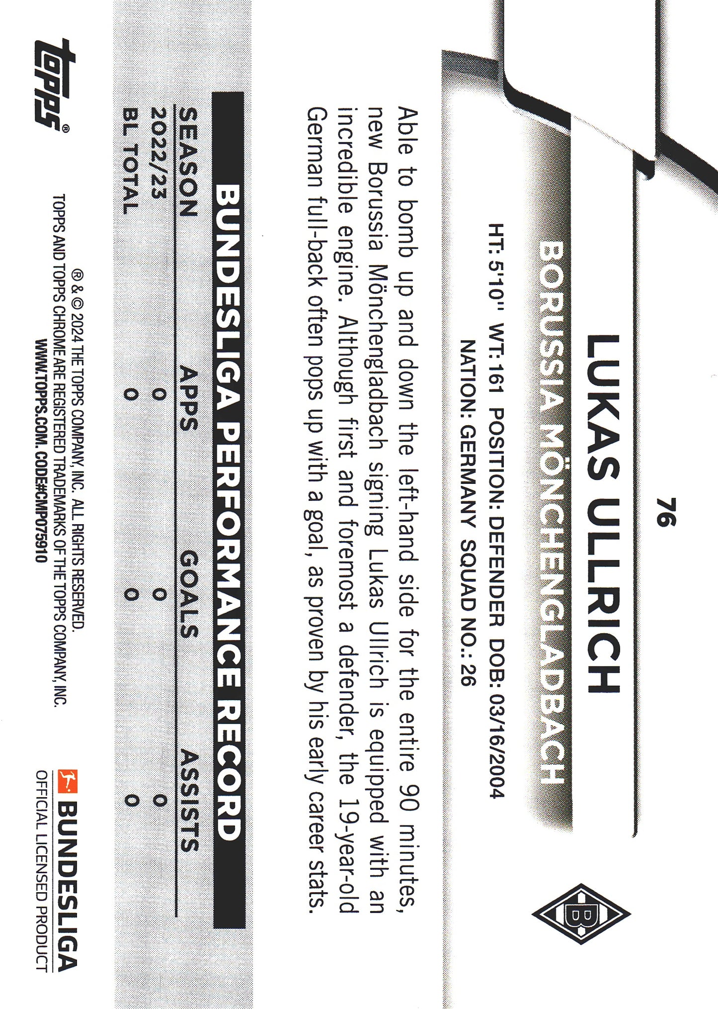 2023 Topps Bundesliga Jade Edition Lukas Ullrich RC #76 Borussia Monchengladbach