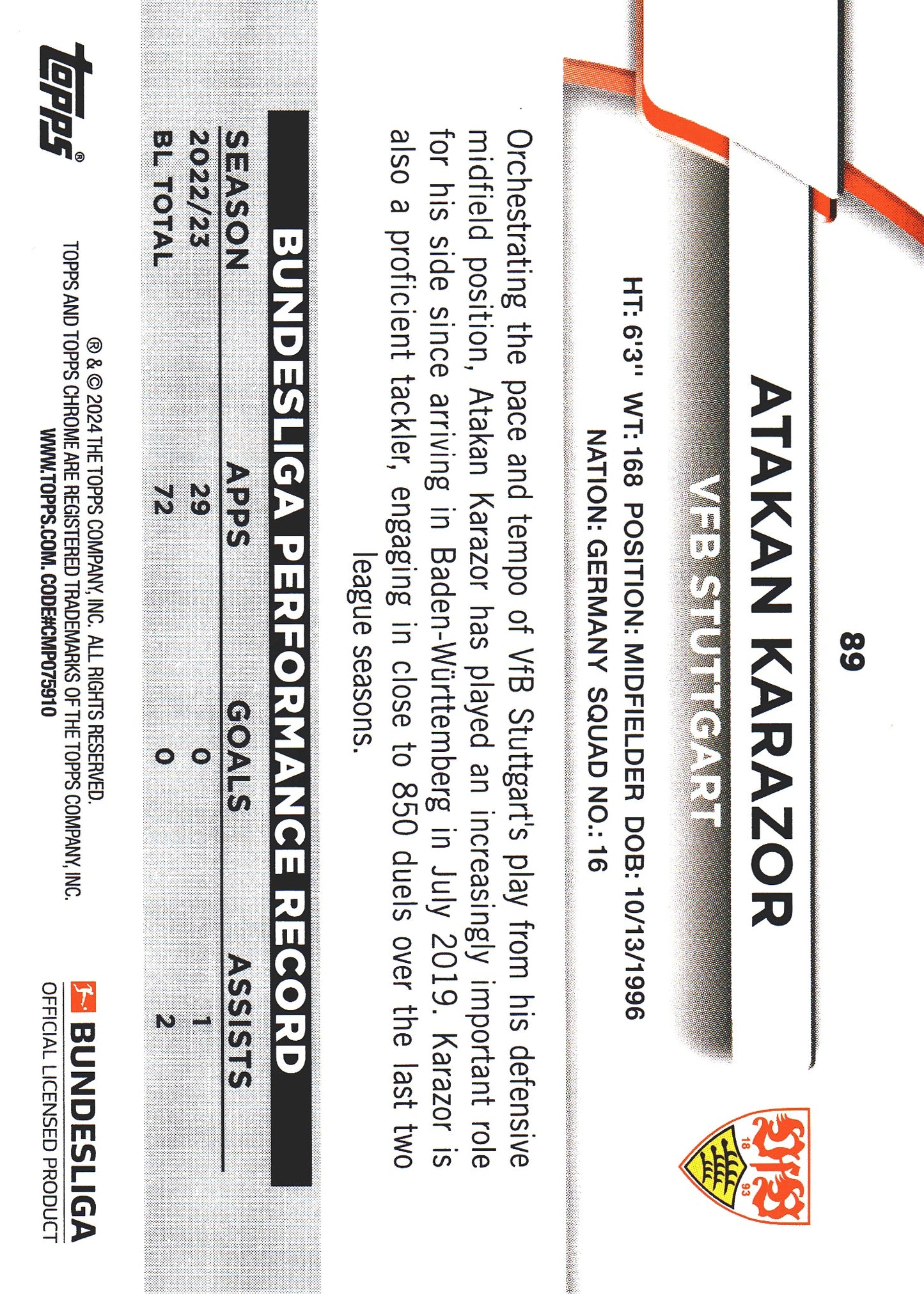 2023 Topps Bundesliga Jade Edition Atakan Karazor #89 VfB Stuttgart