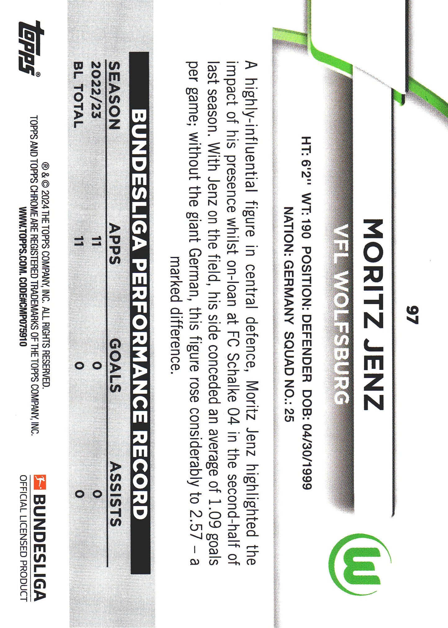 2023 Topps Bundesliga Jade Edition Moritz Jenz RC #97 VfL Wolfsburg