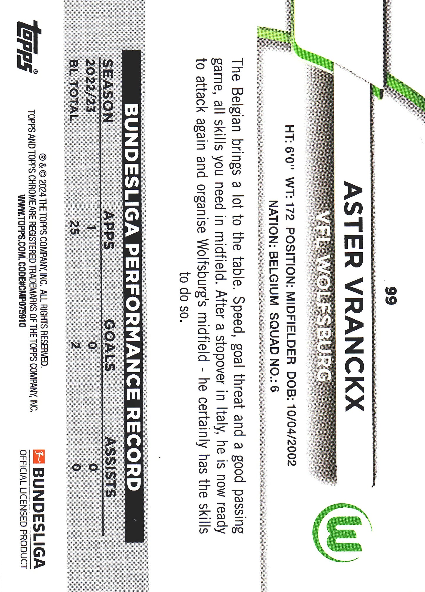 2023 Topps Bundesliga Jade Edition Aster Vranckx #99 VfL Wolfsburg
