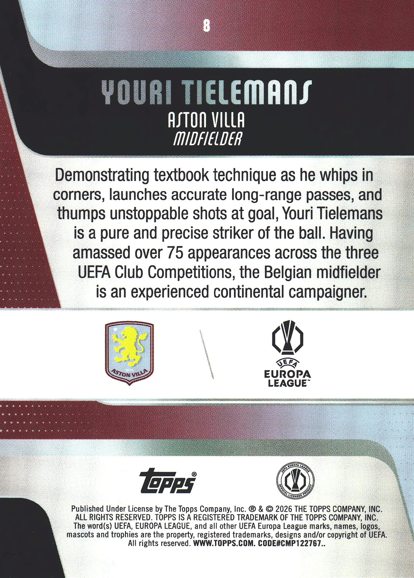 2025 Topps UCC Youri Tielemans Gold Inferno Holo /50 #8 Aston Villa