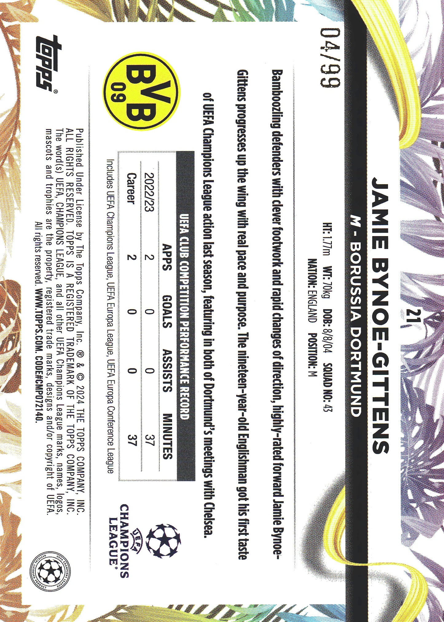 2023 Topps UCC Carnaval Jamie Bynoe-Gittens /99 Borussia Dortmund
