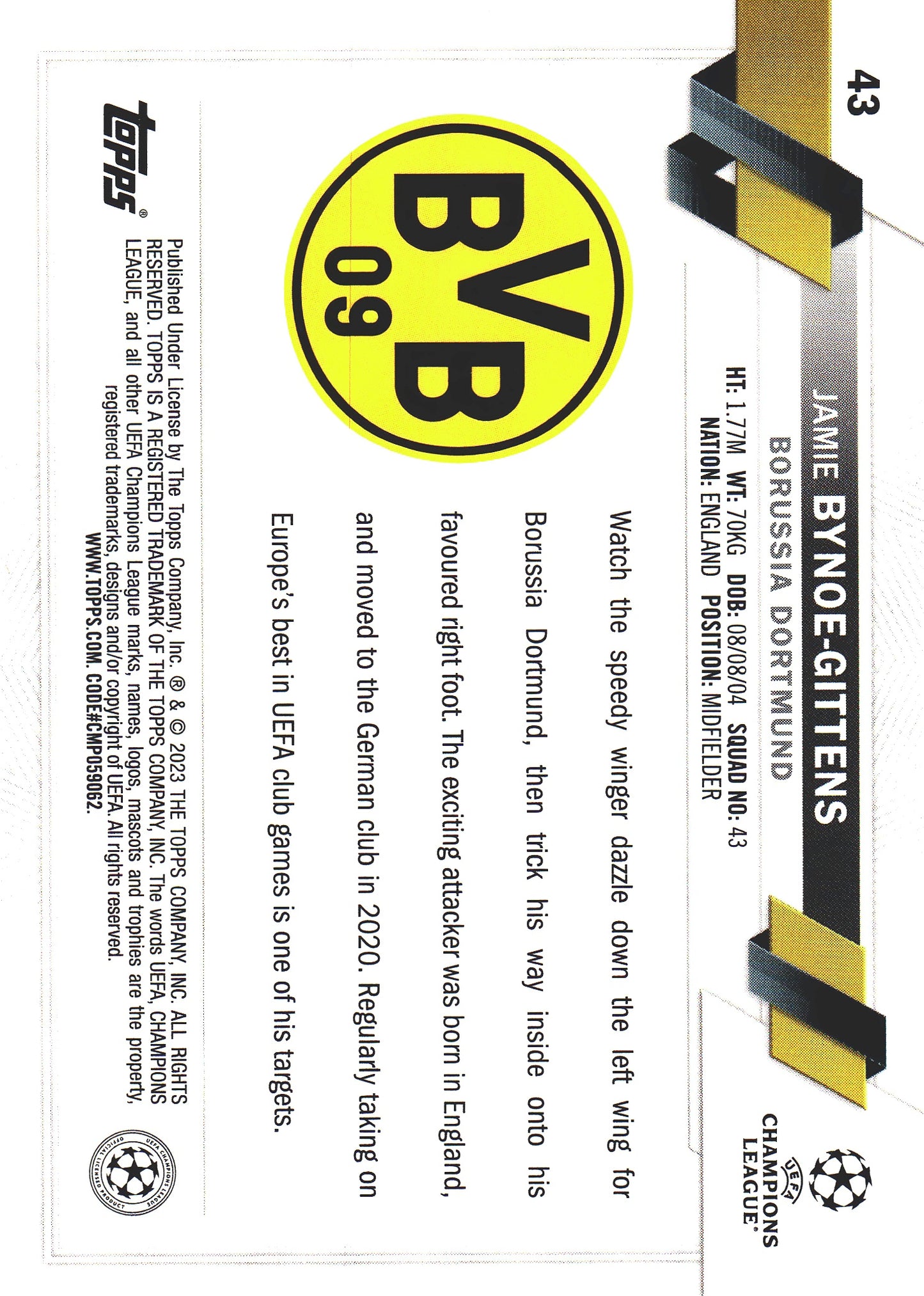 2022 Topps UCC SP Jamie Bynoe-Gittens RC #43 Borussia Dortmund