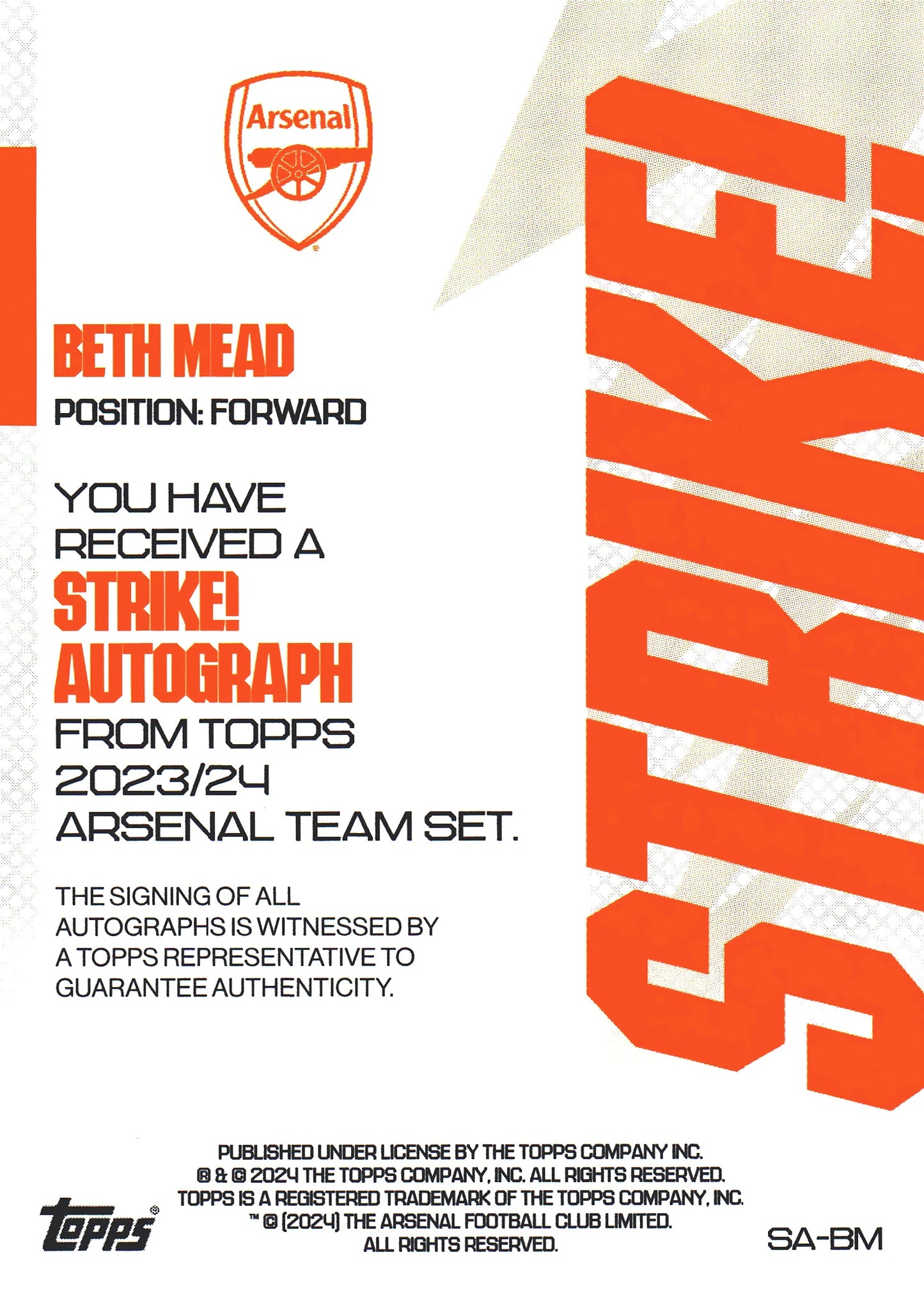 2023 Topps Arsenal Team Set Beth Mead Autograph Orange Strike /25 #SA-BM Arsenal