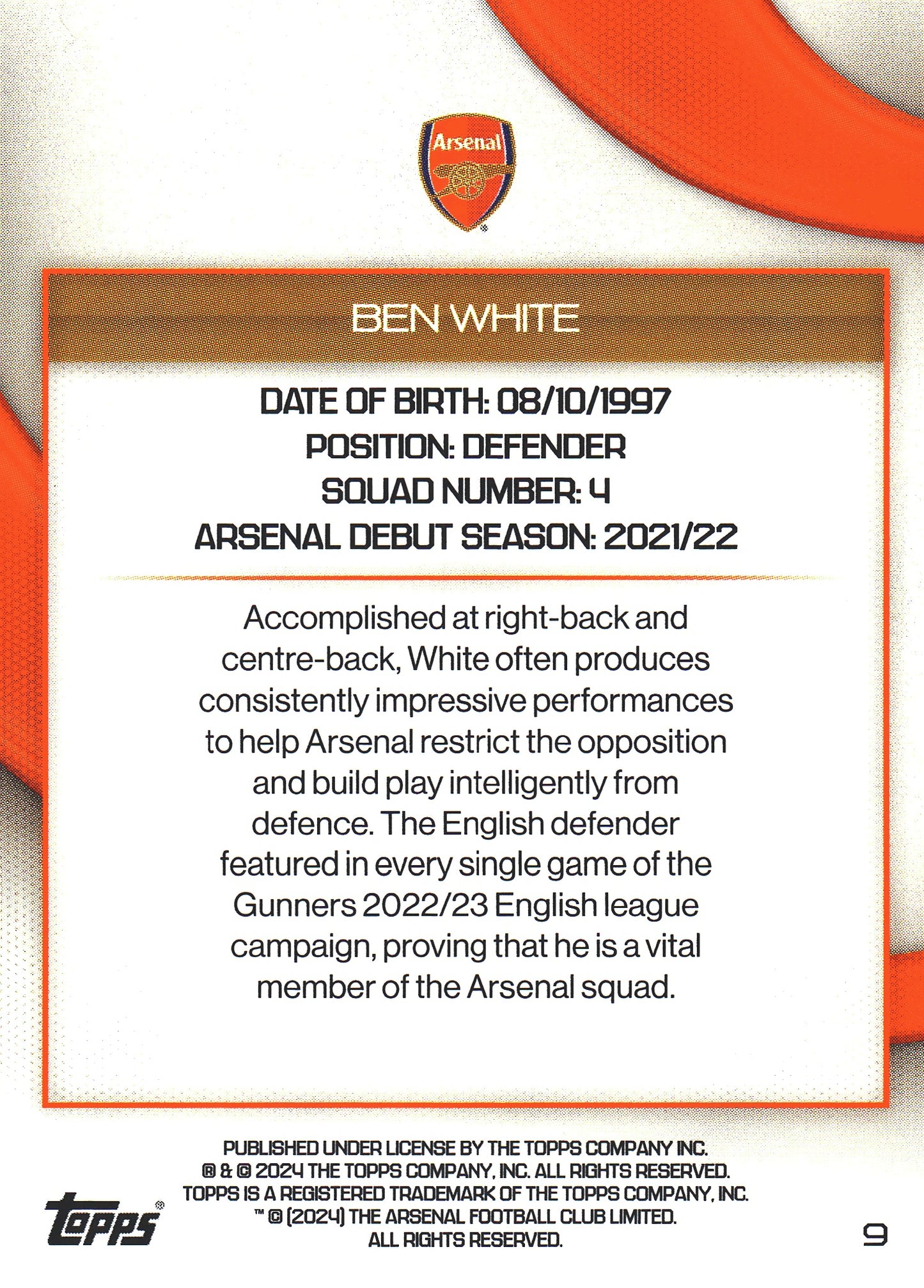 2023 Topps Arsenal Team Set Ben White Teal /125 #9 Arsenal