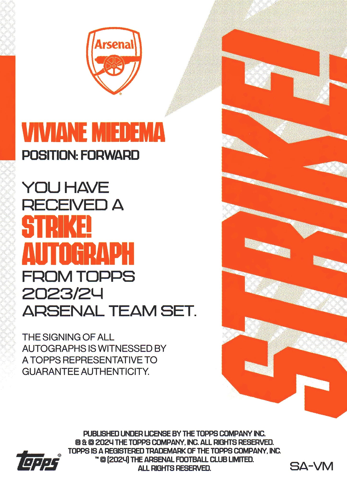 2023 Topps Arsenal Team Set Viviane Miedema Autograph Gold Strike /49 #SA-VM Arsenal