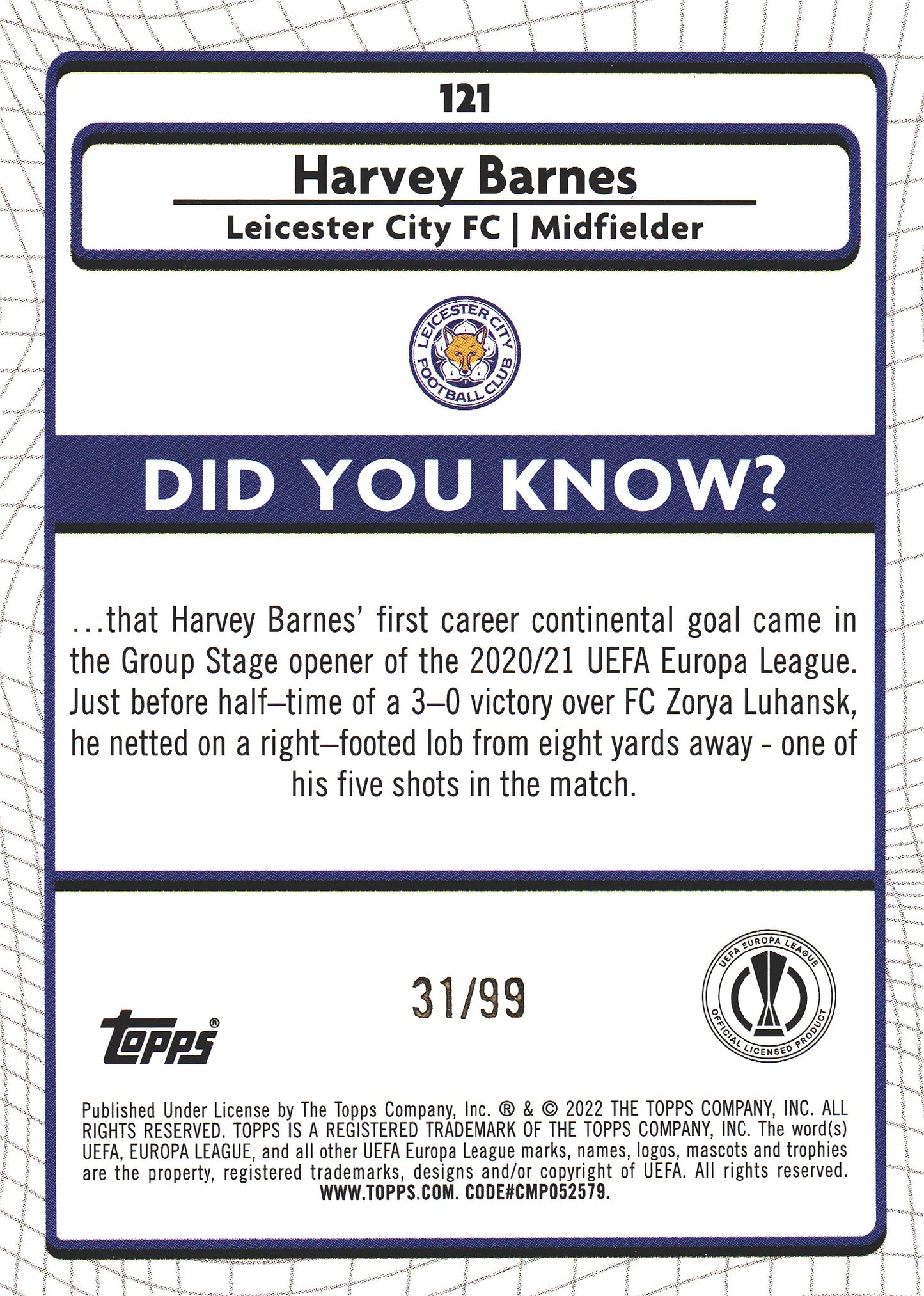 2021 Topps Merlin Chrome Green Mojo /99 Harvey Barnes #121 Leicester City