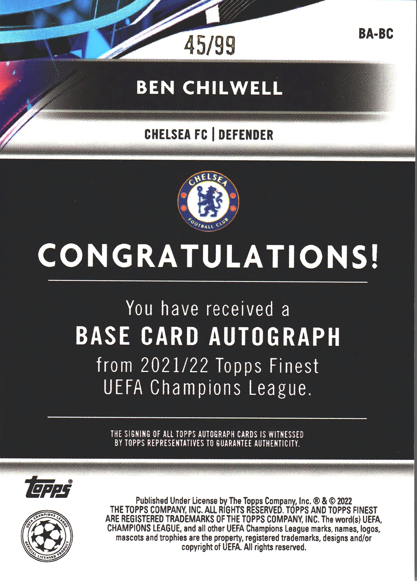 2021 Topps Finest UCC Autographs Neon Green Refractor /99 Ben Chilwell #BA-BC Chelsea