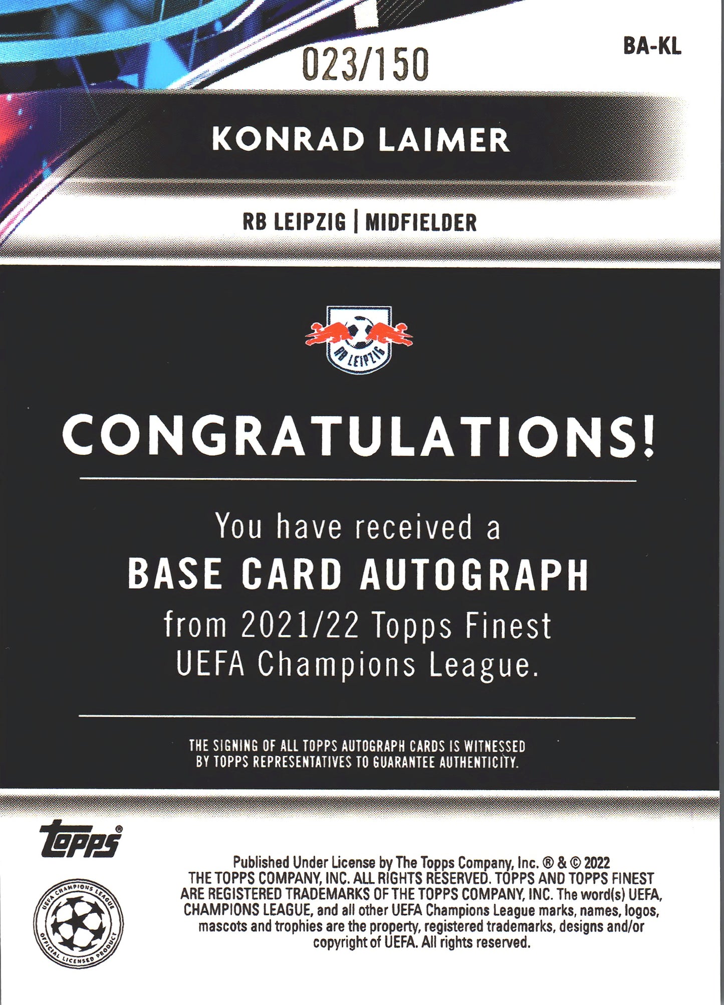 2021 Topps Finest UCC Autographs Neon Green Wave Refractor /150 Konrad Laimer #BA-KL RB Salzburg