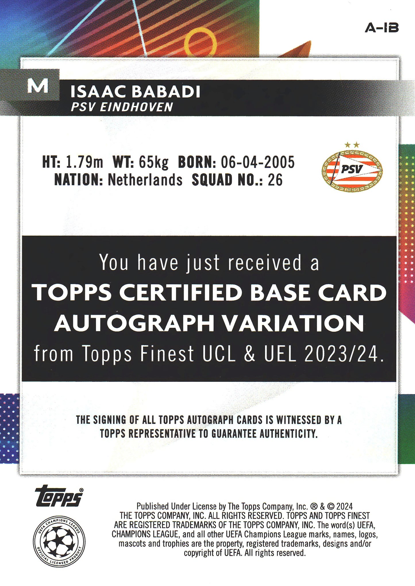 2023 Topps Finest UCC Purple Shimmer /199 Isaac Babadi #A-IB PSV Eindhoven