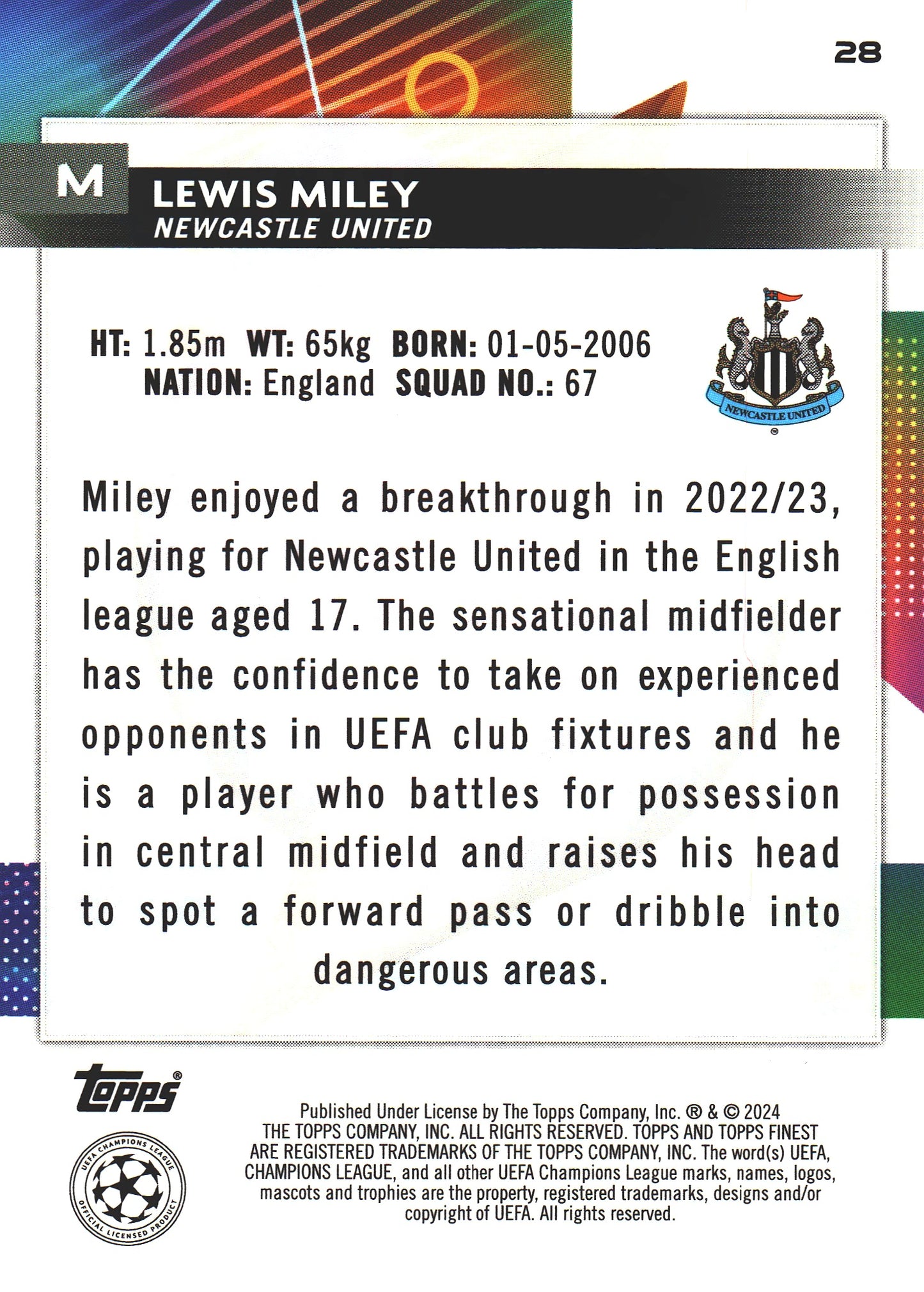 2023 Topps Finest UCC Green /99 Lewis Miley RC #18 Newcastle United
