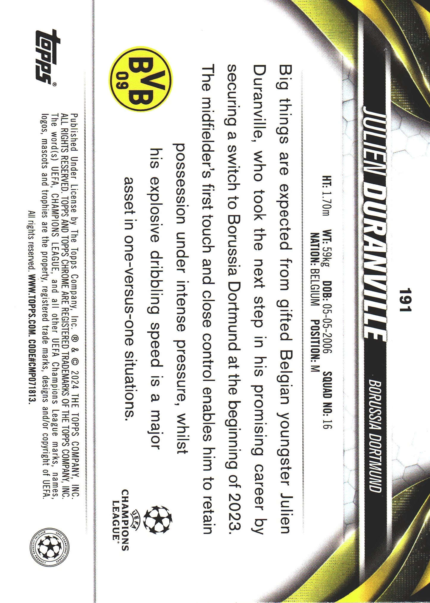 2023 Topps Chrome UCC Prism Refractor Julian Duranville RC #191 Borussia Dortmund